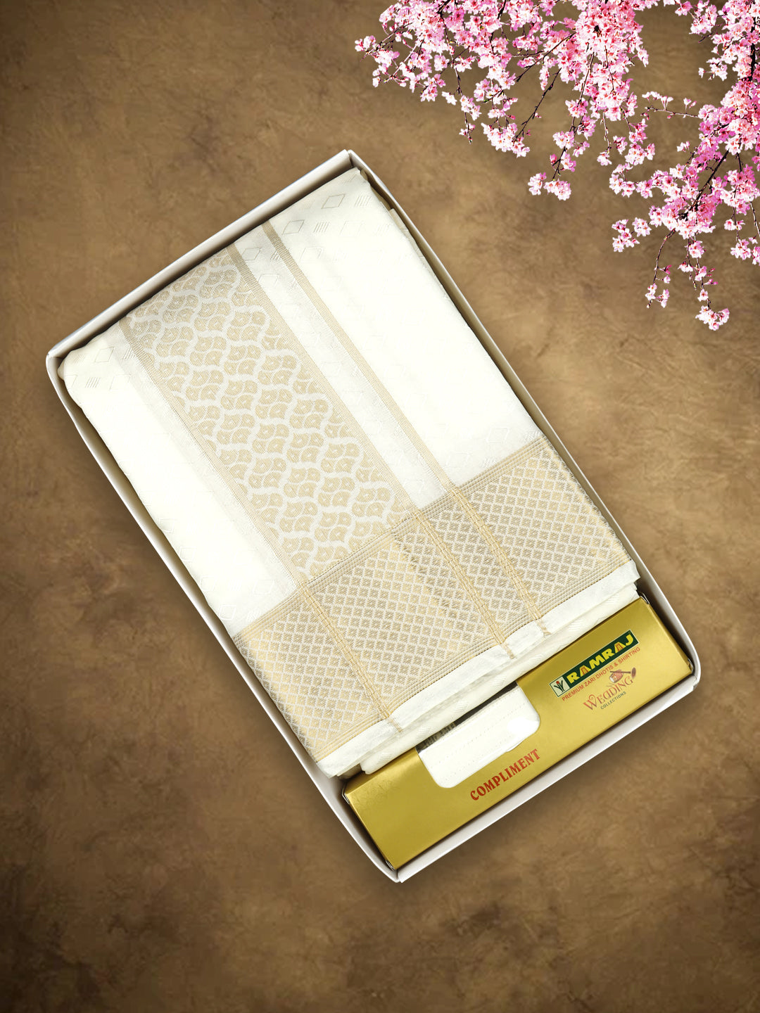 Mens Art Silk Wedding Cream Shirting and Zari Border Dhoti with Towel Set - Touch Tone 150K