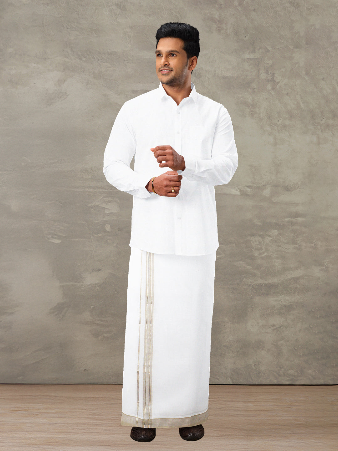 Men 100% Cotton Double Layer White Dhoti with Fancy Jari Border SGJF02