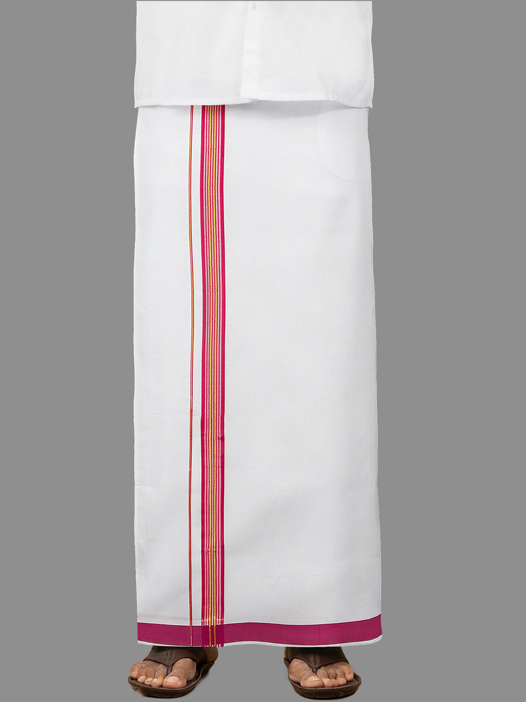 Men White with Pink Fancy Jari Border Single Layer Dhoti WGF02