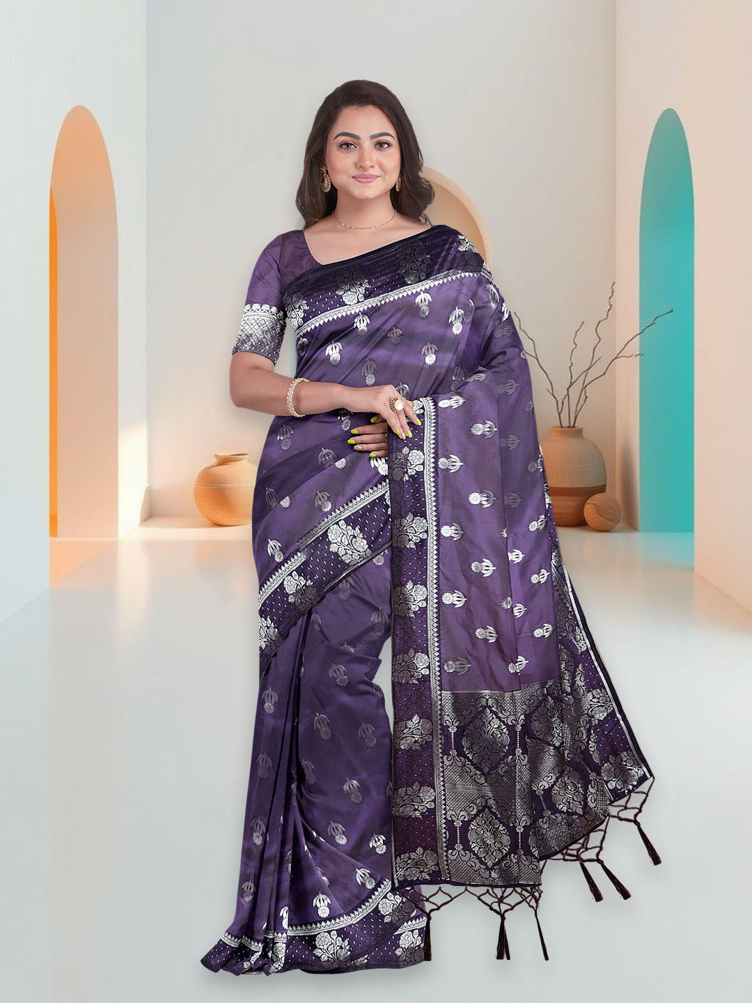 Women Dark Purple Art Silk Printed Saree ASS90