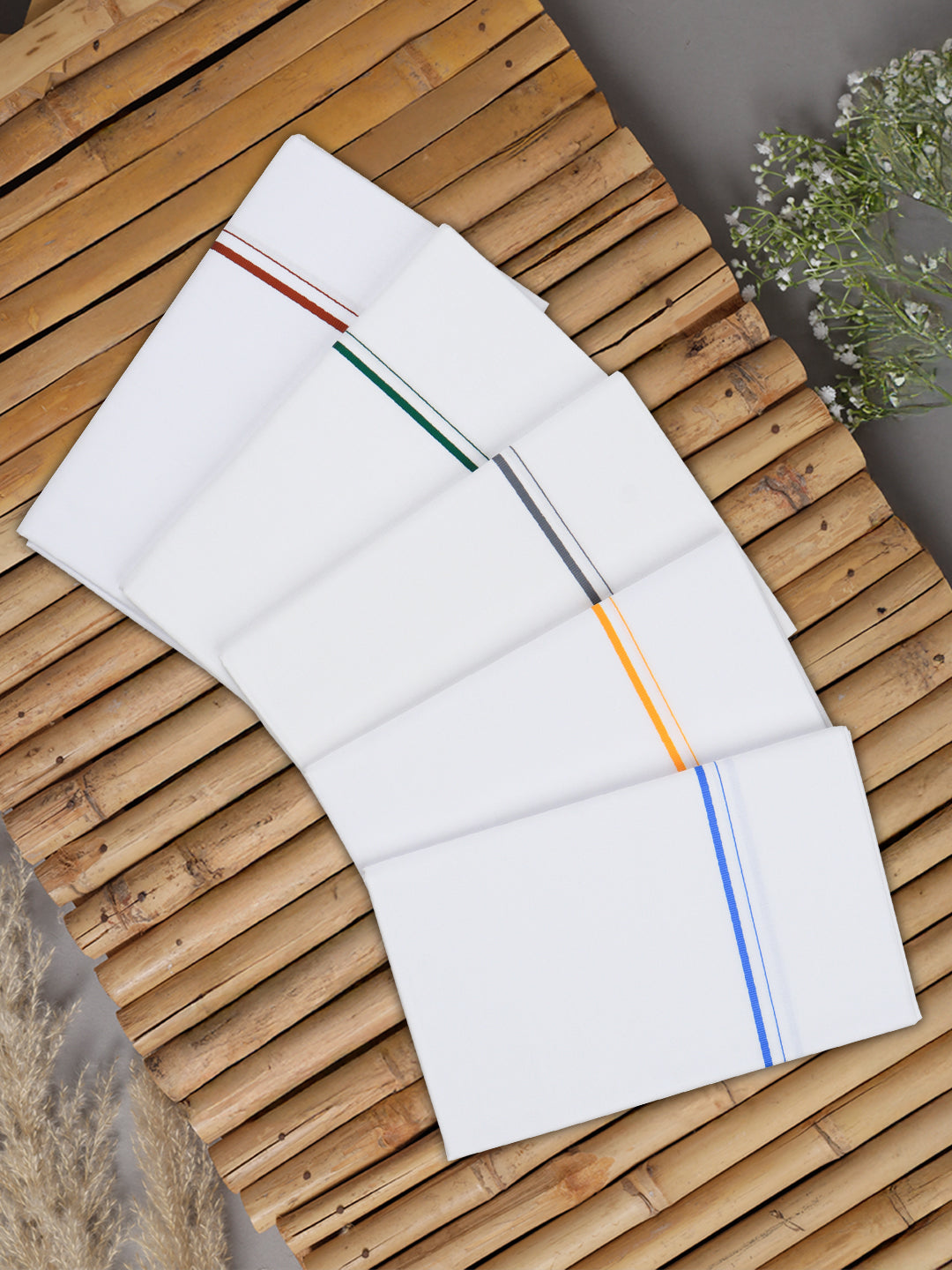 Single Layer 100% Cotton White Dhoti with Assorted small Border - Breeze