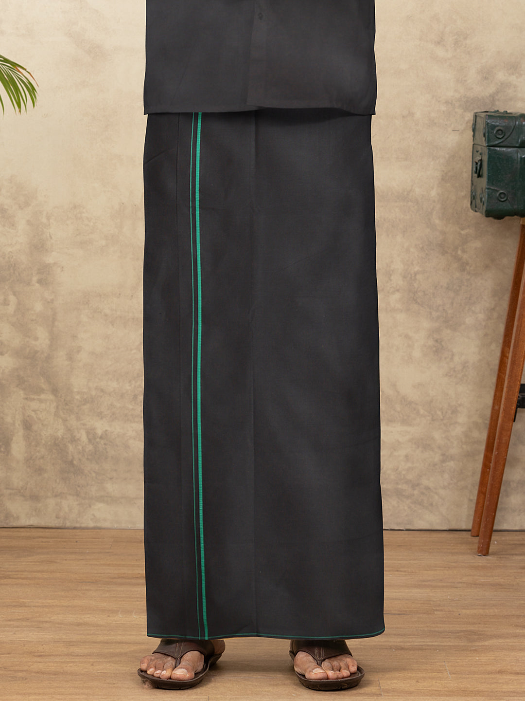 Men Cotton Blend Single Layer Black Dhoti & Towel Set with Green Small Border Sudhan