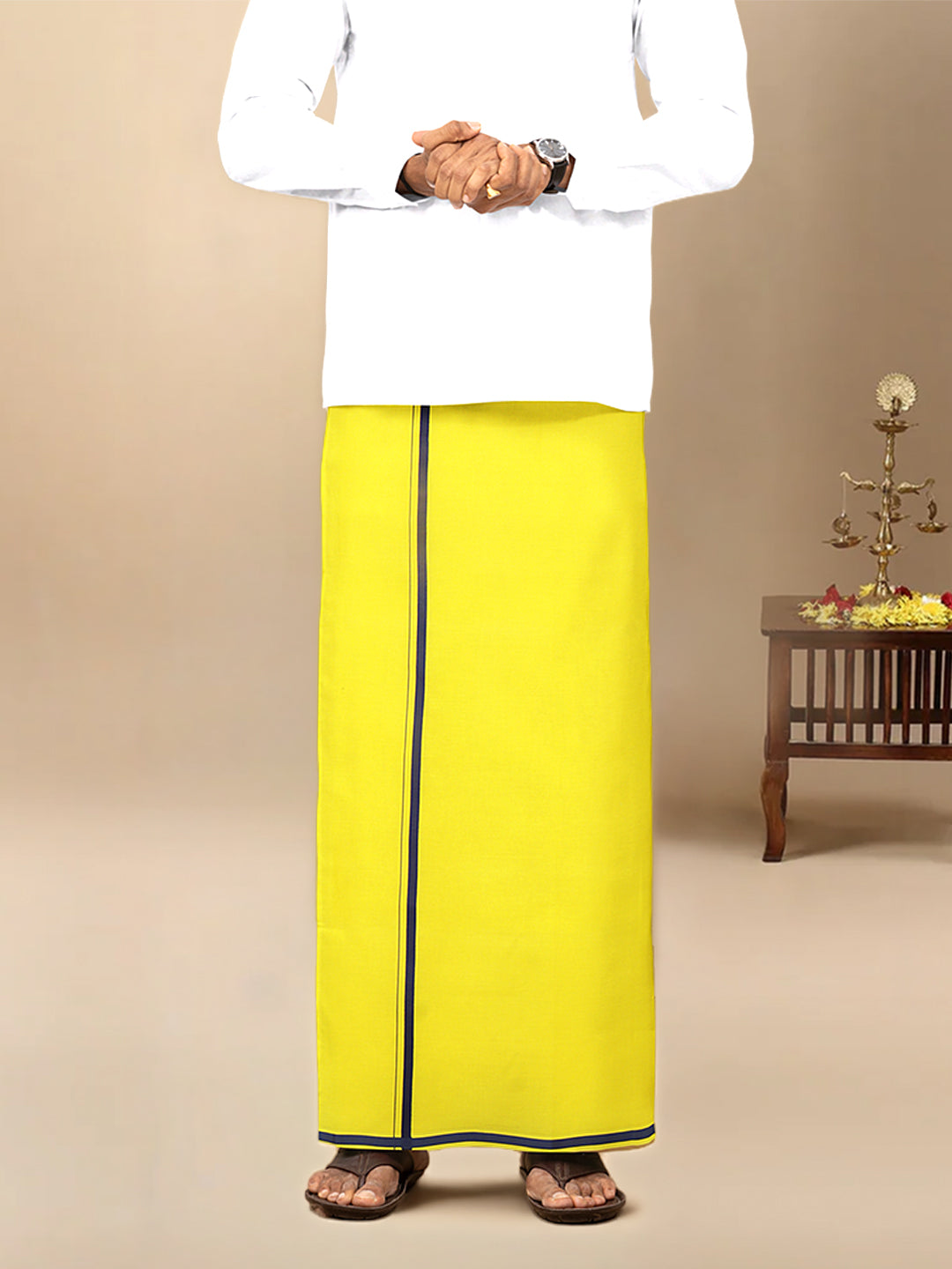 Men Cotton Blend Single Layer Yellow Dhoti & Towel Set with Navy Border Poojan