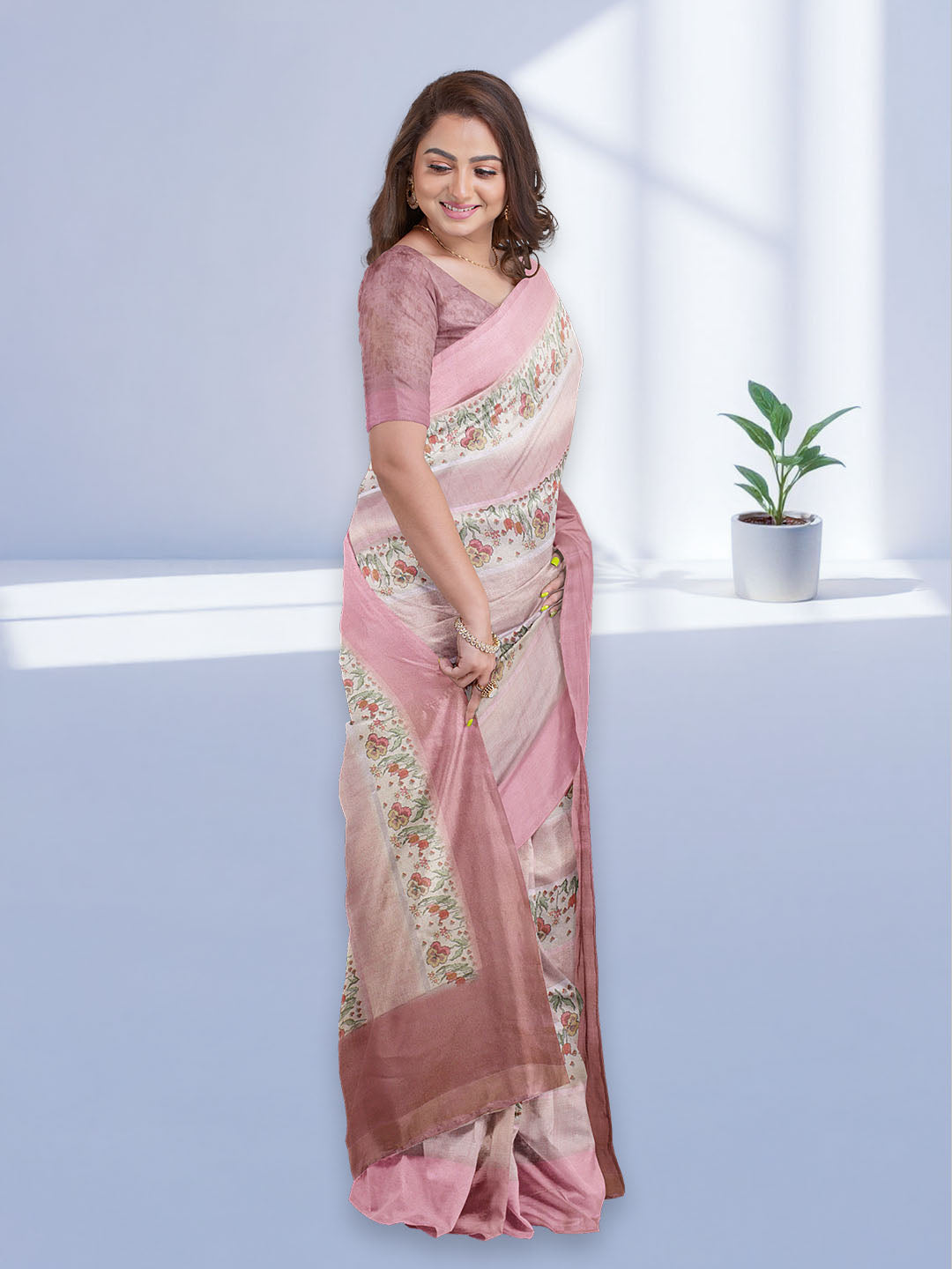 Women Pink Semi Tussar Printed Saree ST284