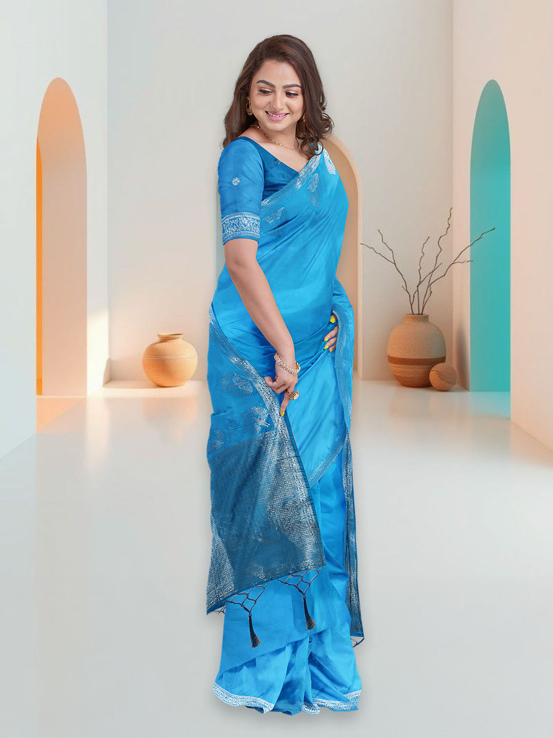 Women Blue Art Silk Printed Saree ASS92