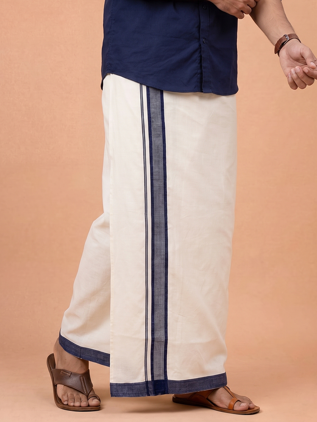 Double Layer 100% Cotton White Dhoti With Navy Border - RP11