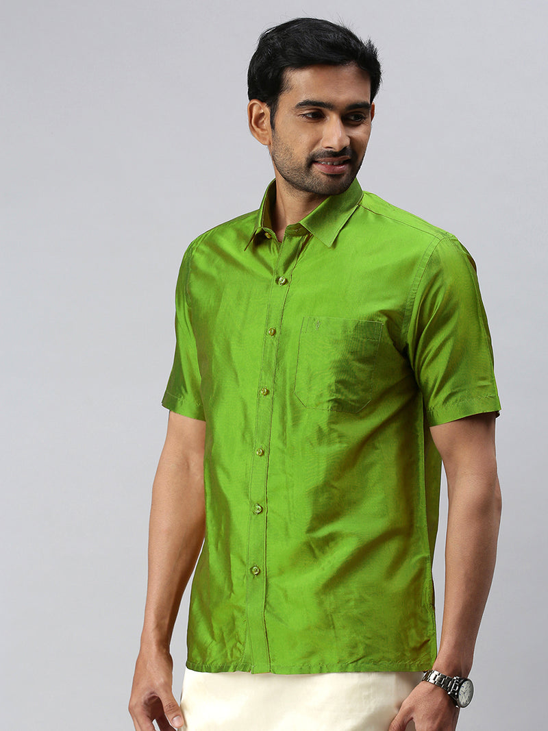 Mens Pure Silk Mixed Parrot Green Half Sleeves Shirt