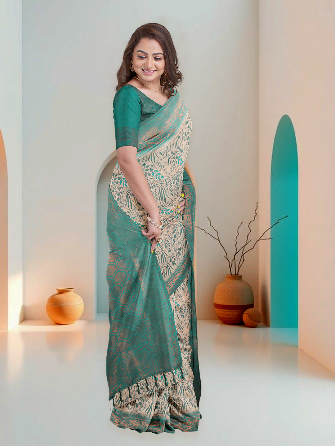 Women Peach Art Silk Printed Saree ASS60