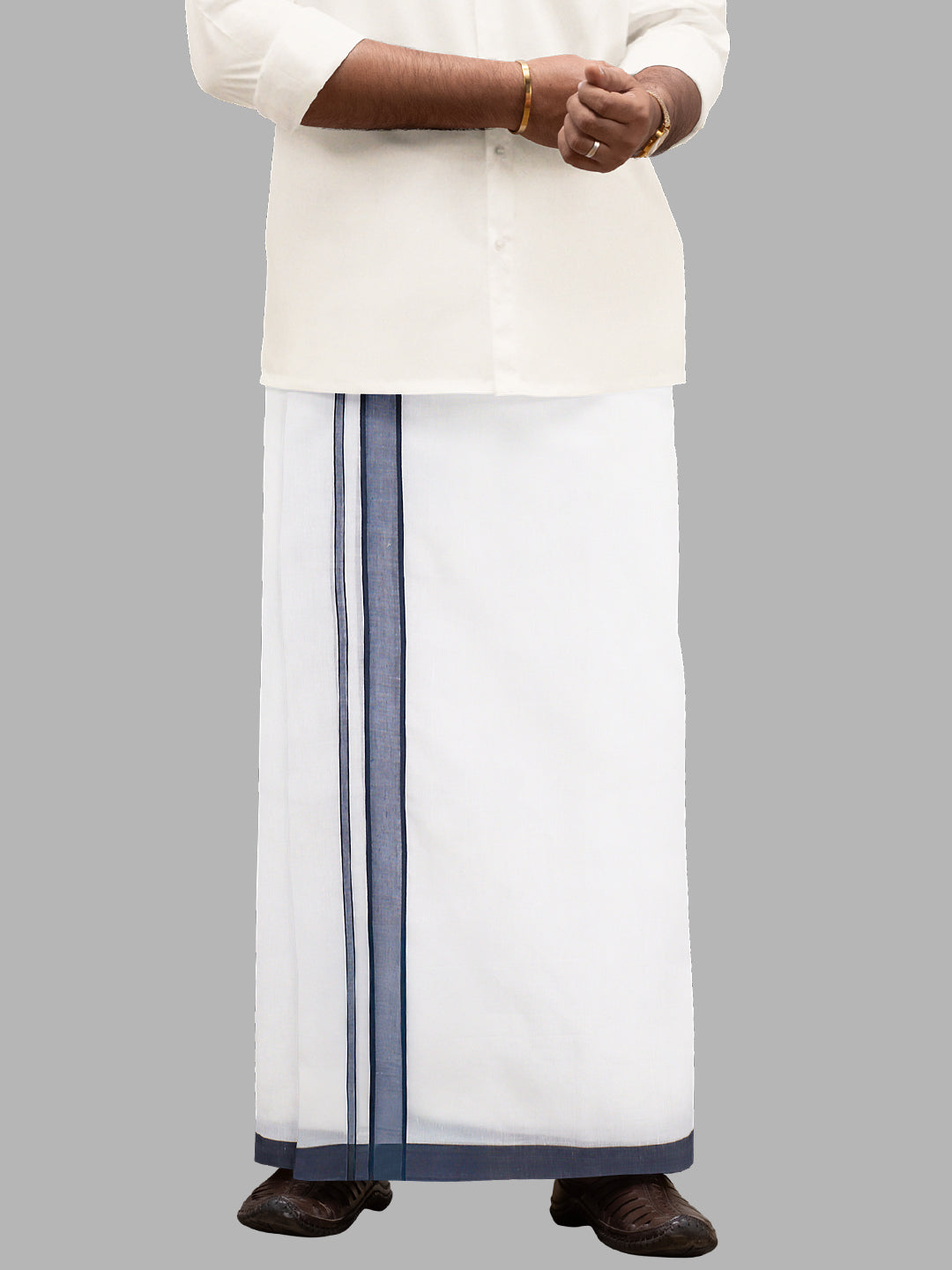 Men Navy Fancy Border Double Layer White Dhoti RP7