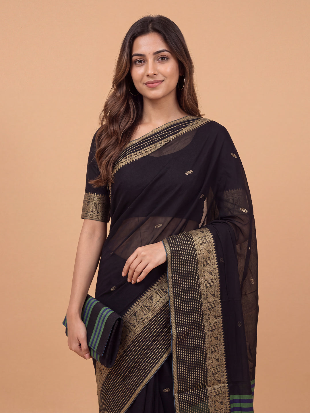 Women Mercerised Cotton Black Embroidered Saree PCS296