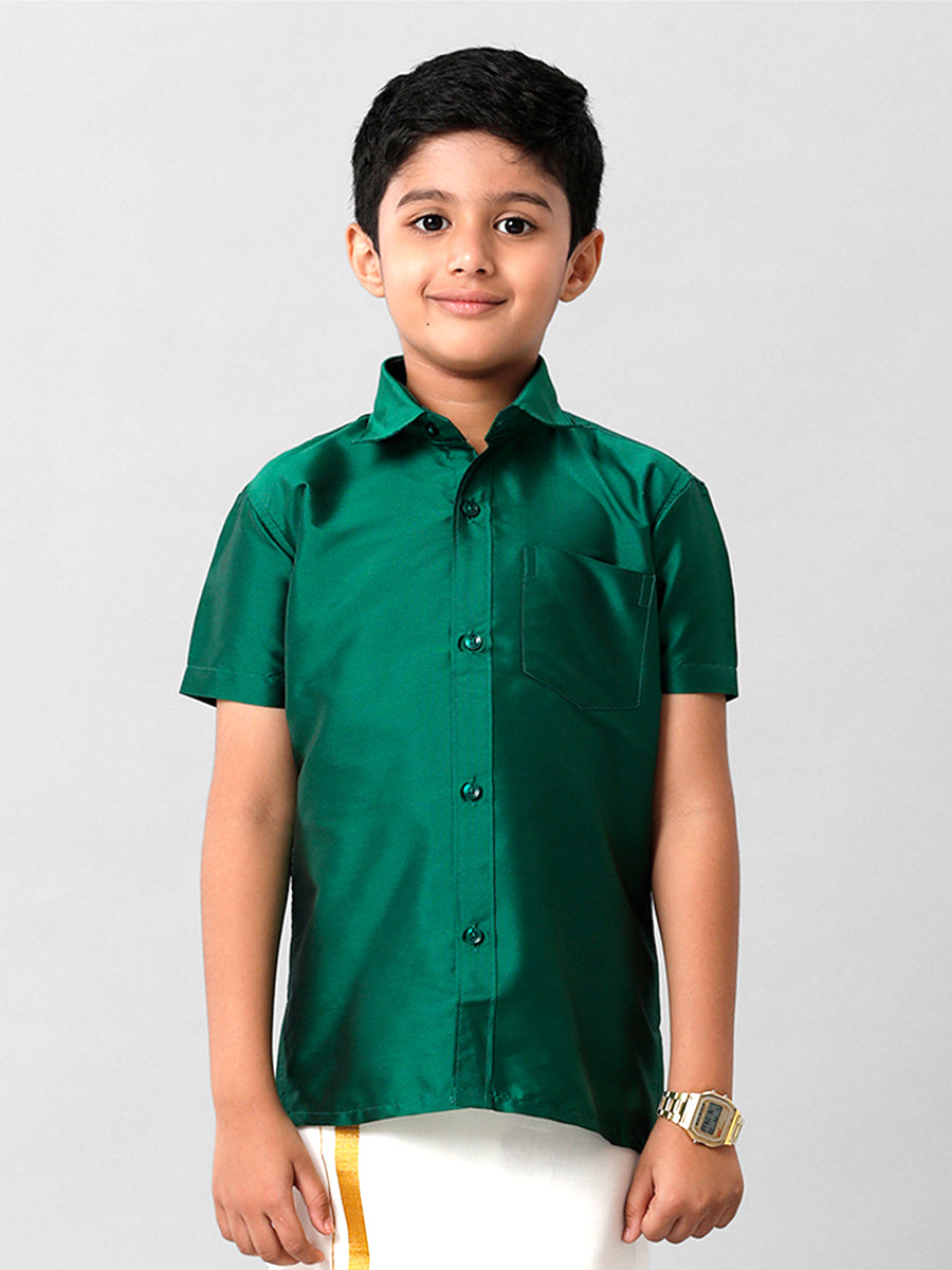 Boys Silk Cotton Dark Green Half Sleeves Shirt K9
