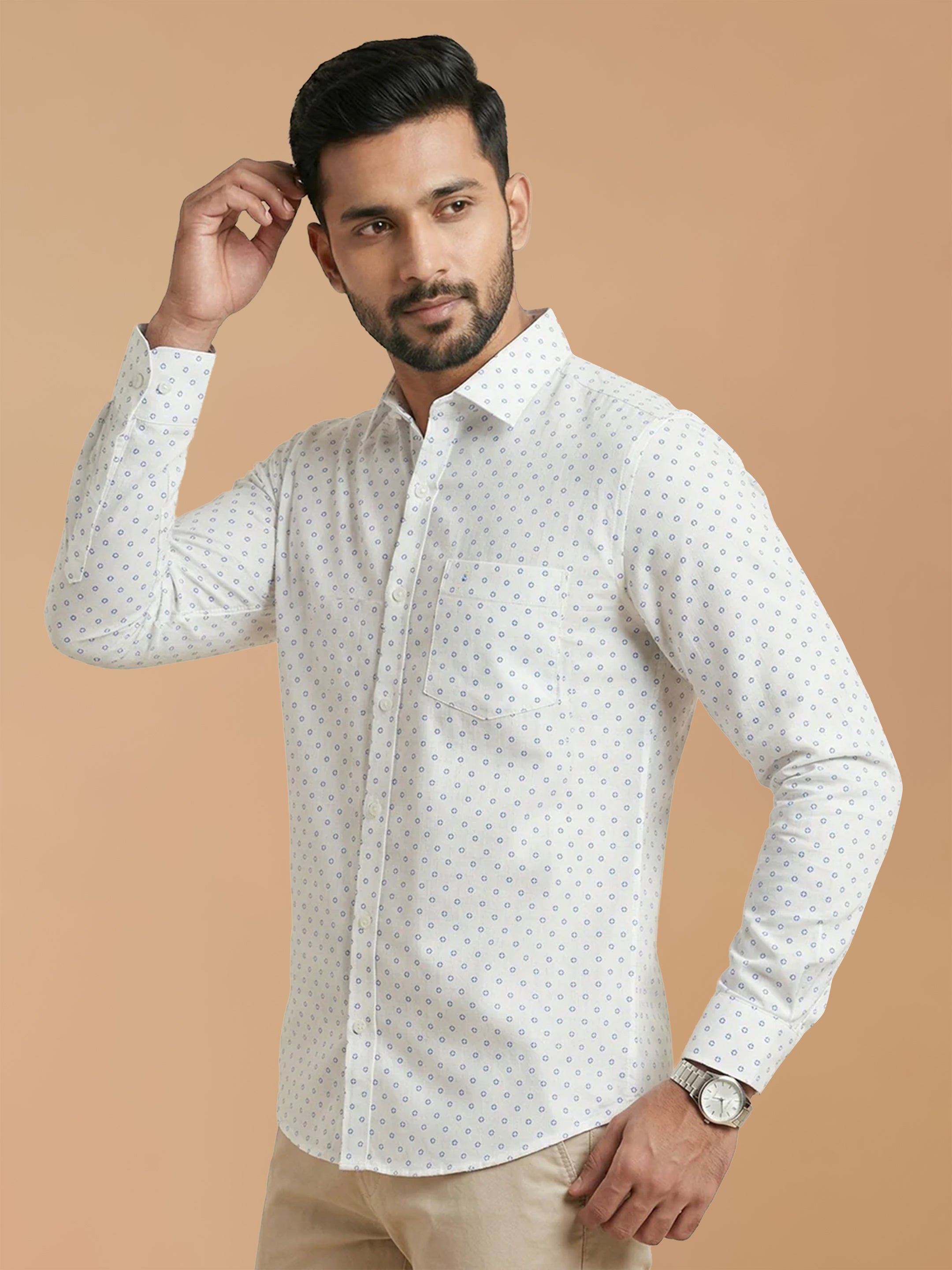 Cotton Rich White Printed Regular Fit Shirt T66 APT13