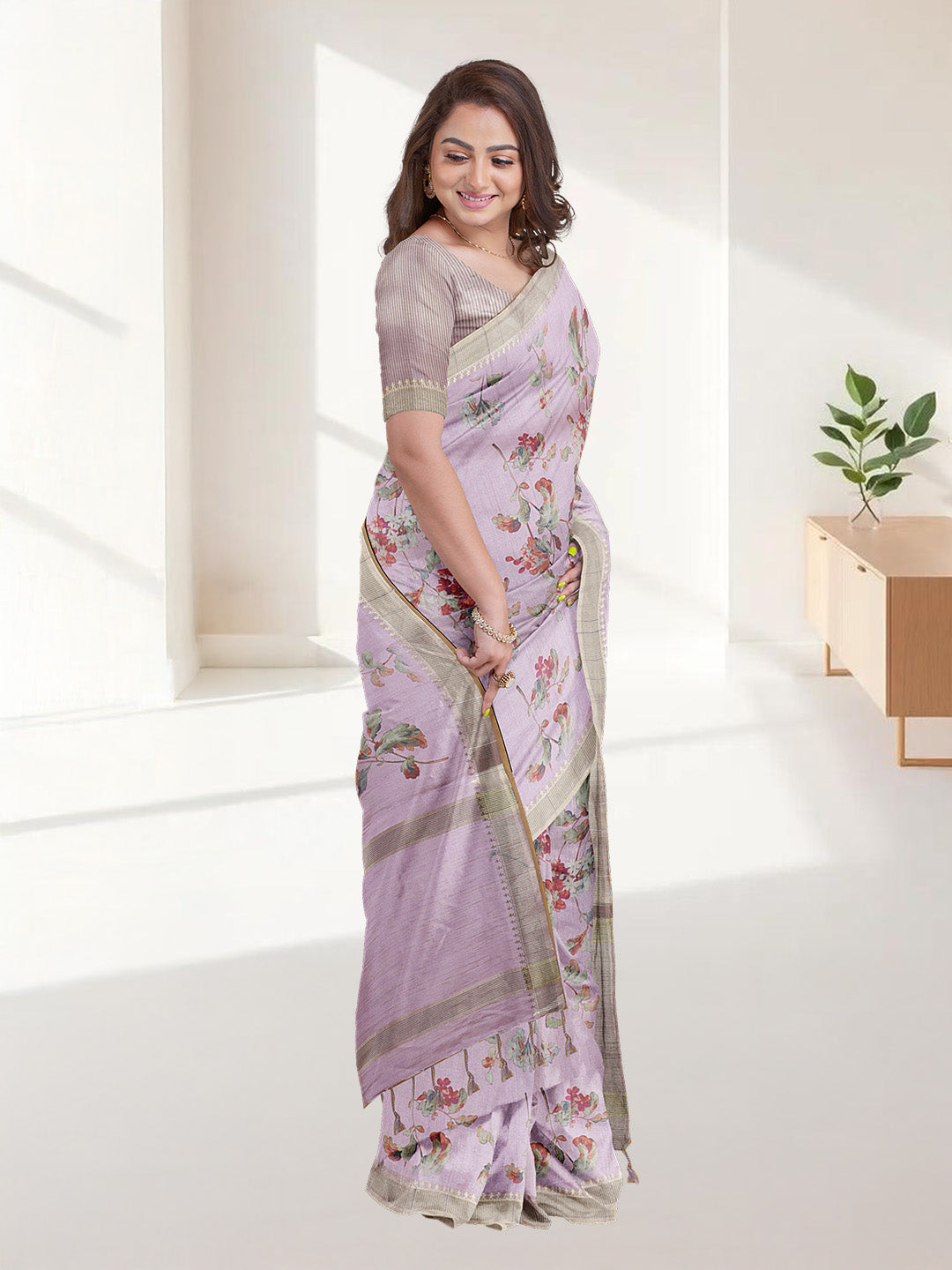 Women Light Purple Semi Raw Silk Printed Saree SRS105