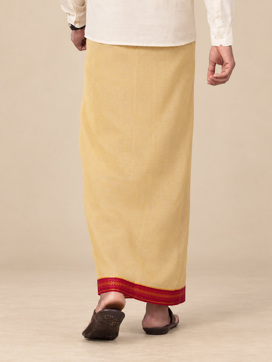 Double Layer 100% Cotton Light Kaaki Dhoti with Mayilkhan Border - Sudharsan 4m