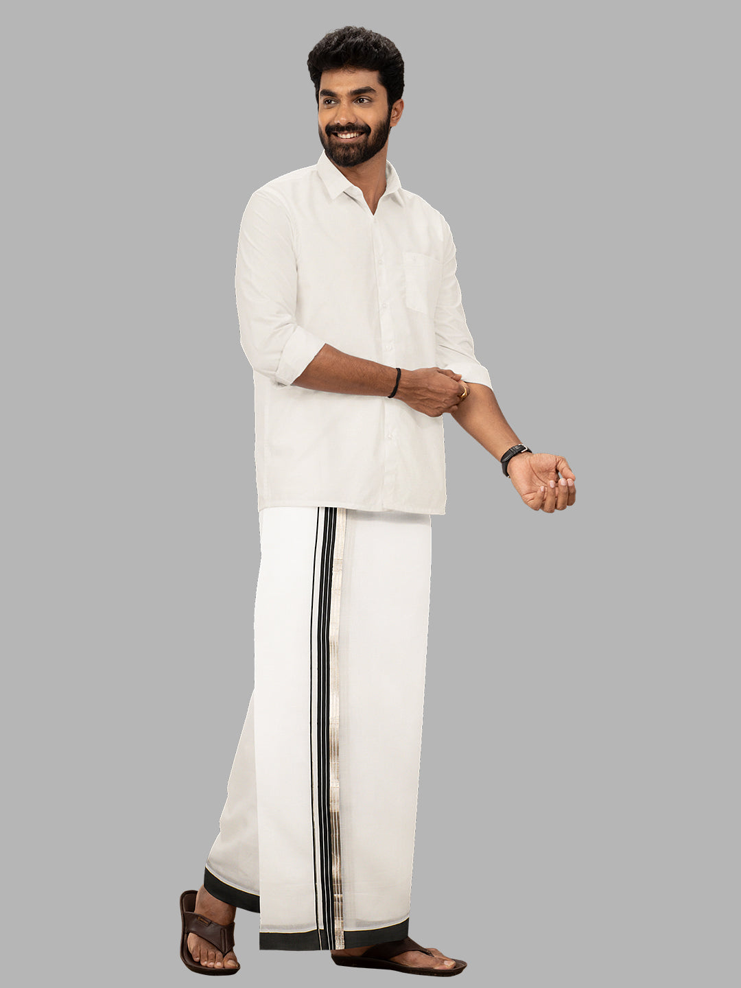 Men Silver Fancy Jari Border Double Layer White Dhoti RG02