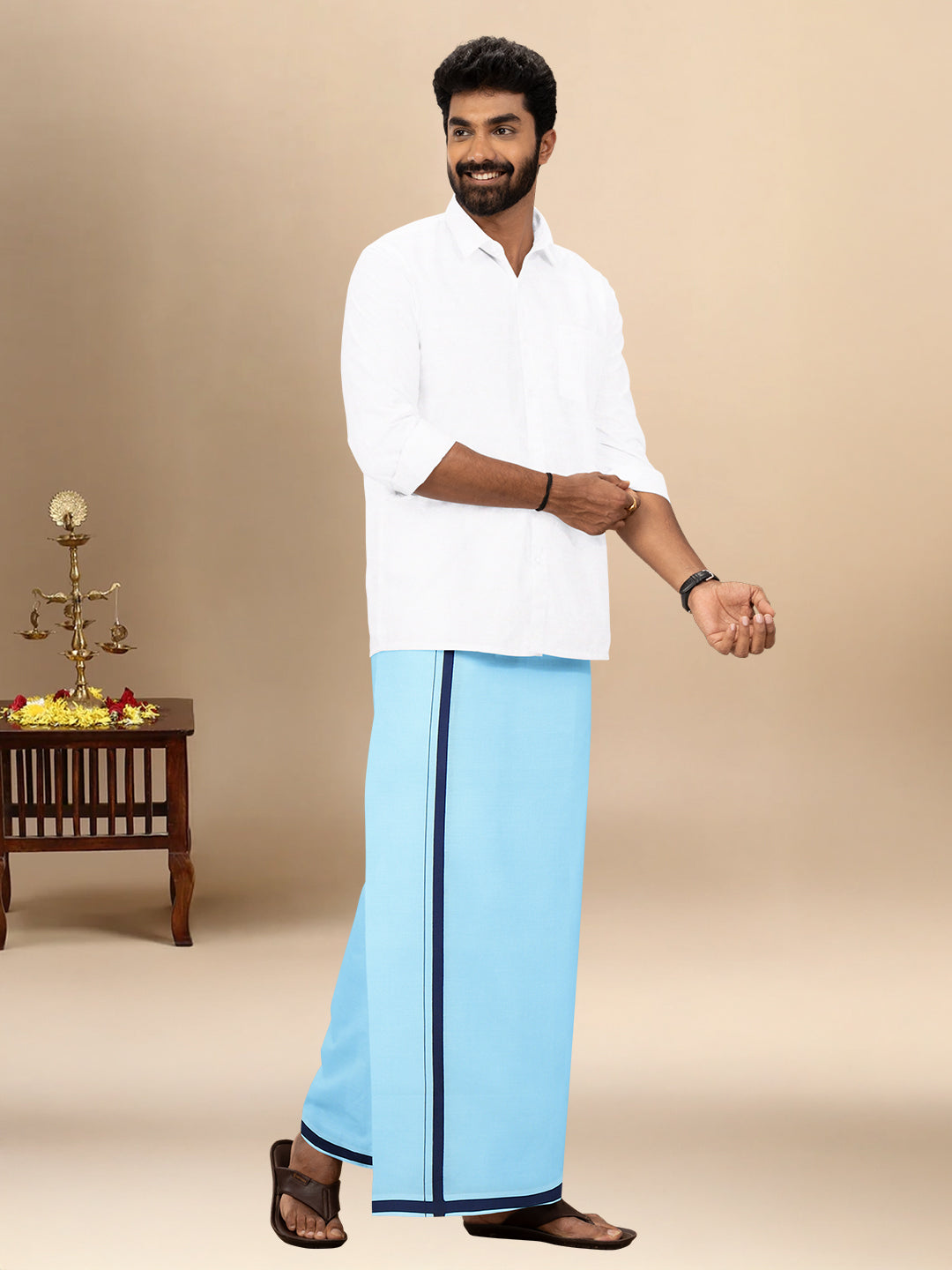 Men 100% Cotton Single Layer Mint Blue Dhoti with Big Border Poojan