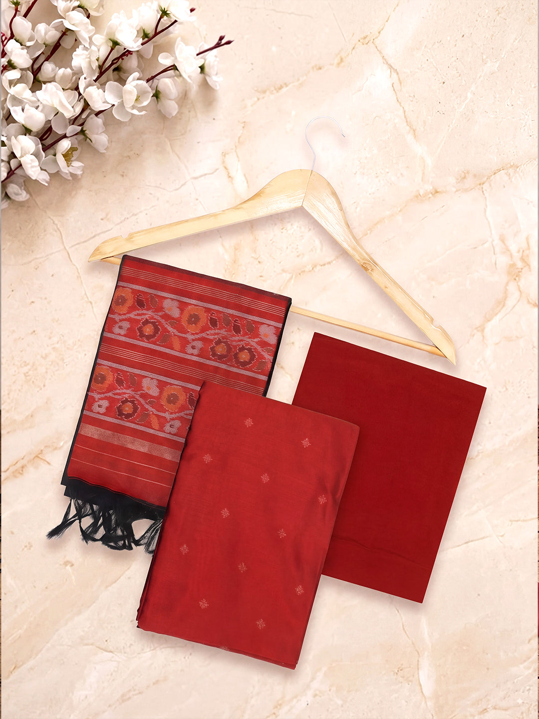 Women Semi Tussar Dress Material Red DM366