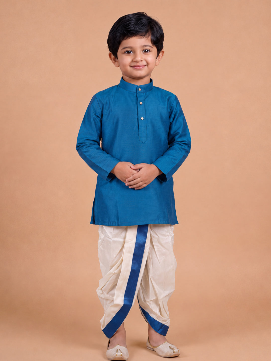 Boys Slub Cotton Full Sleeves Sapphire Blue Kurta with Panchakacham Combo Set SL1