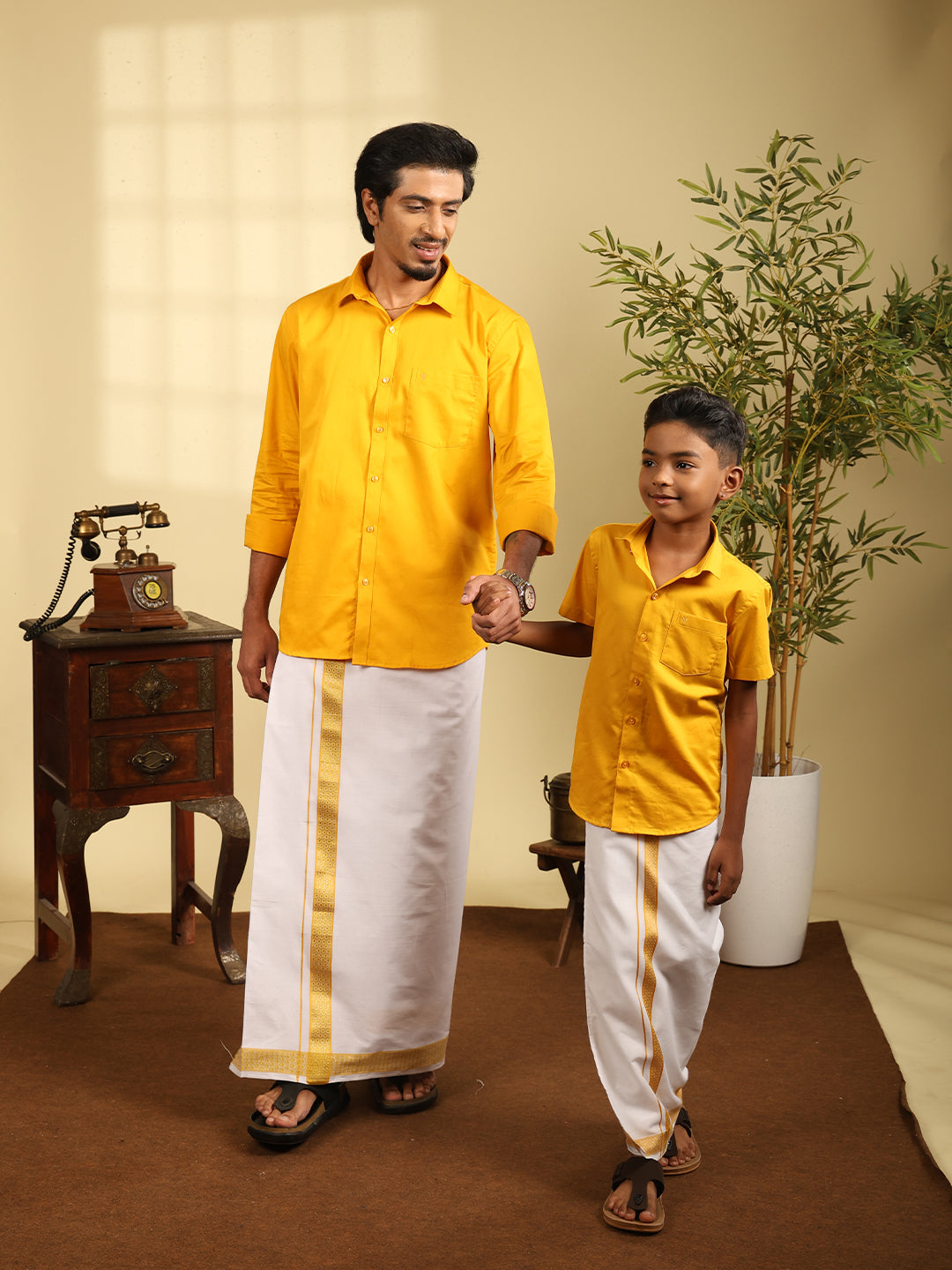 Like Father Like Son Matching Border Dhoti with Shirt Combo Set Orange BT4