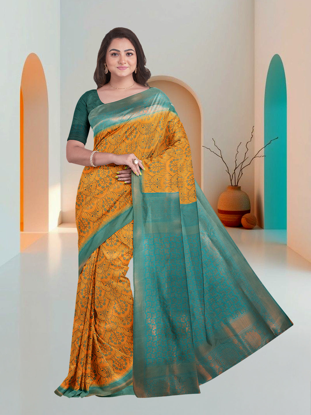 Women Yellow Art Silk Printed Saree ASS61