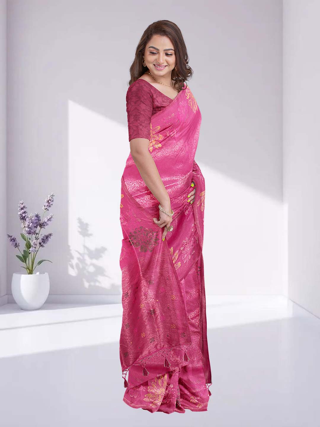 Women Dark Pink Semi Mysore Silk Saree SS374