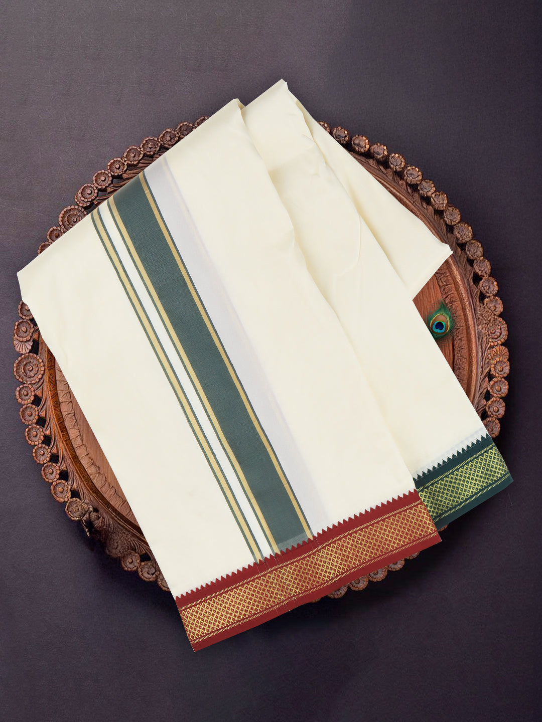 Men Art Silk Cream Panchakacham with 5 Khan Jari Pet (8*4)