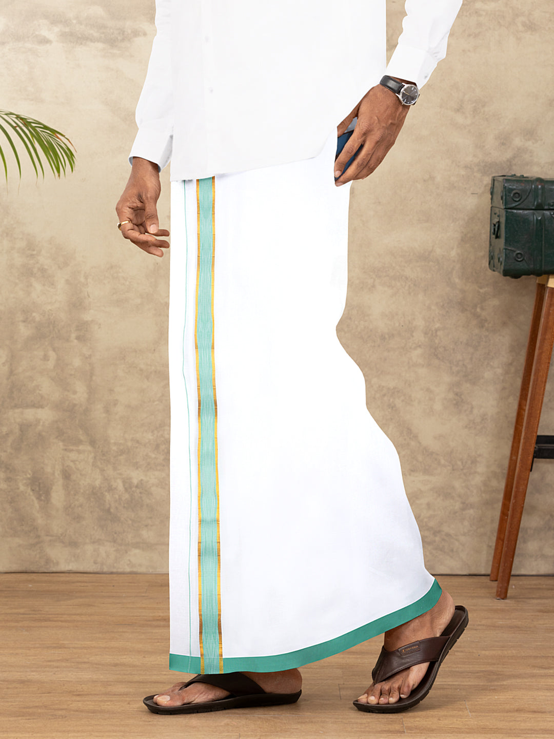 Men Cotton Blend Readymade Double Layer White Dhoti with Fancy Jari Border GFDA14