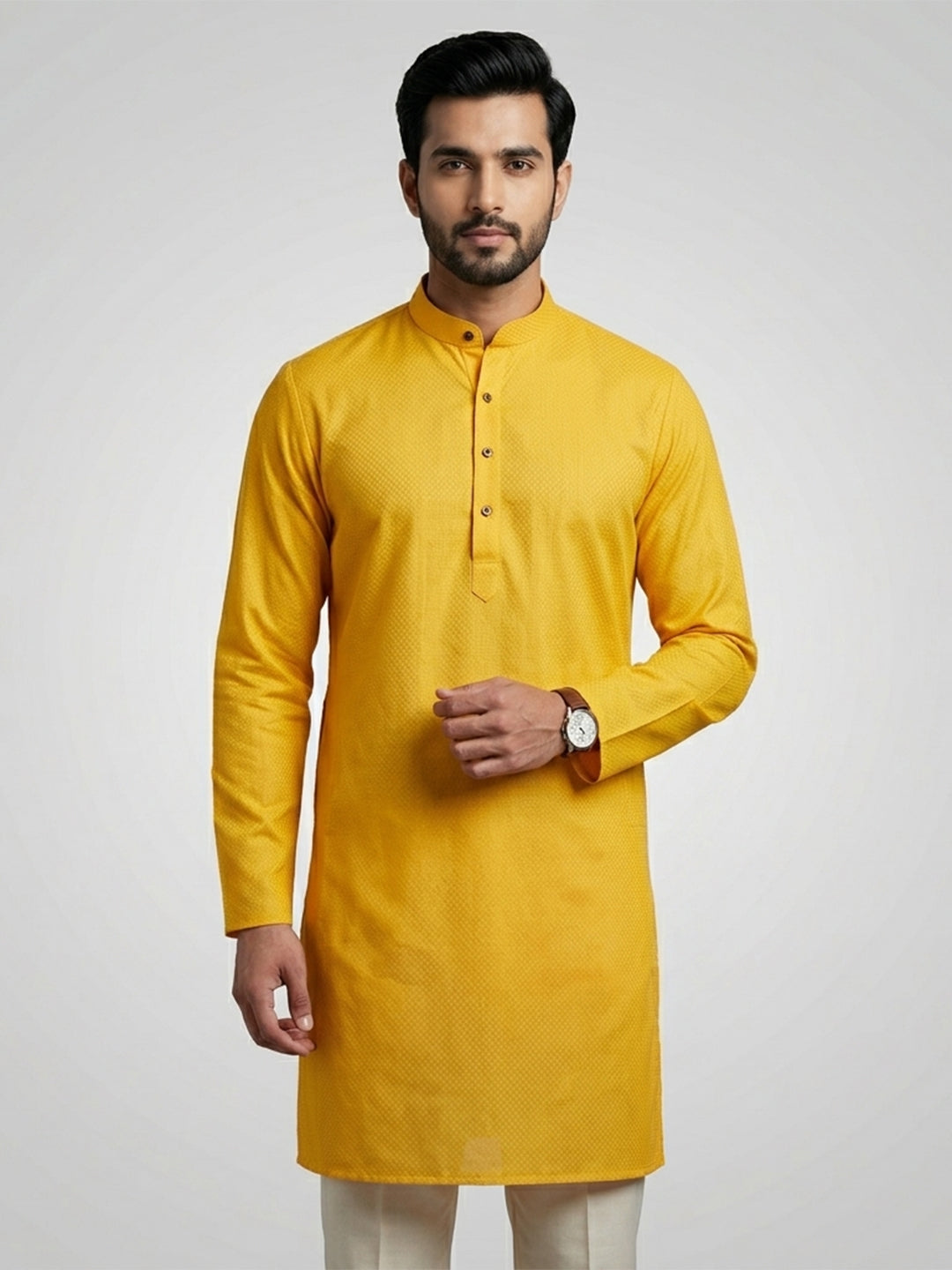 Cotton Medium Length Printed Pocket Kurta Yellow MHJ9