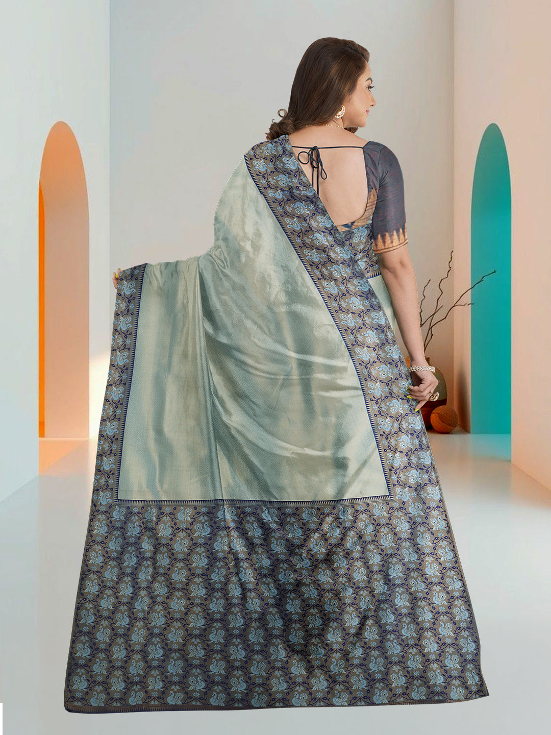 Women Cyan Blue Art Silk Printed Saree ASS73