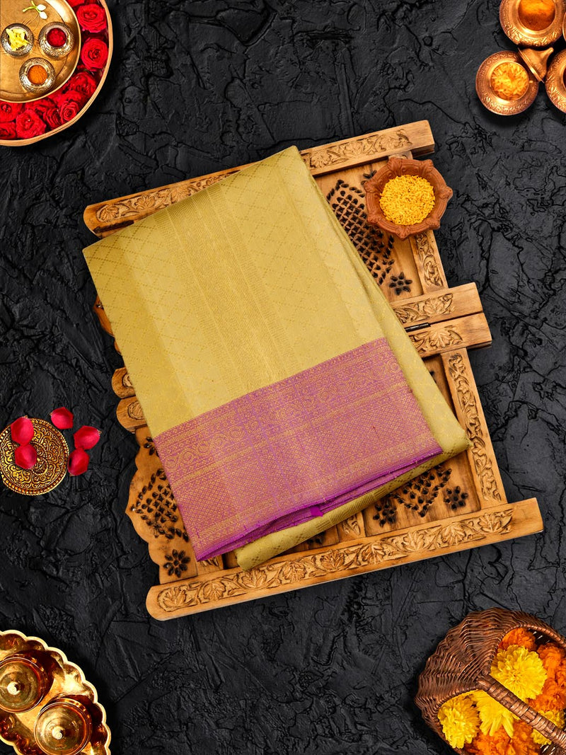 Premium Pure Silk Tissue Dark Cream Dhoti With Angavastram 5" Purple Jari Border Agarshanaa