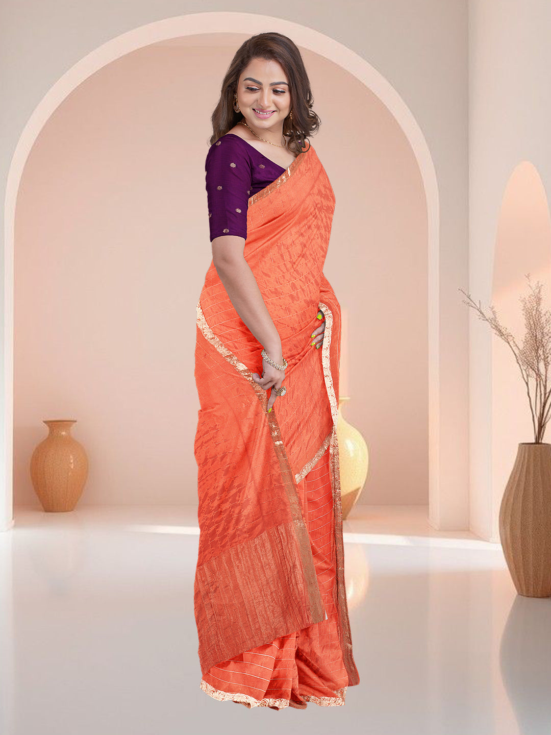 Women Orange Semi Silk Saree SS345