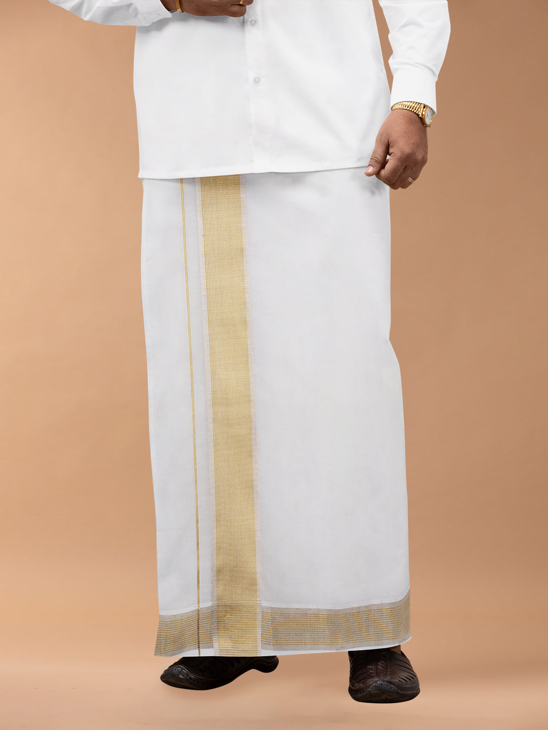 Mens Premium Handloom Dhoti Gold & Silver Jari Border HLM22