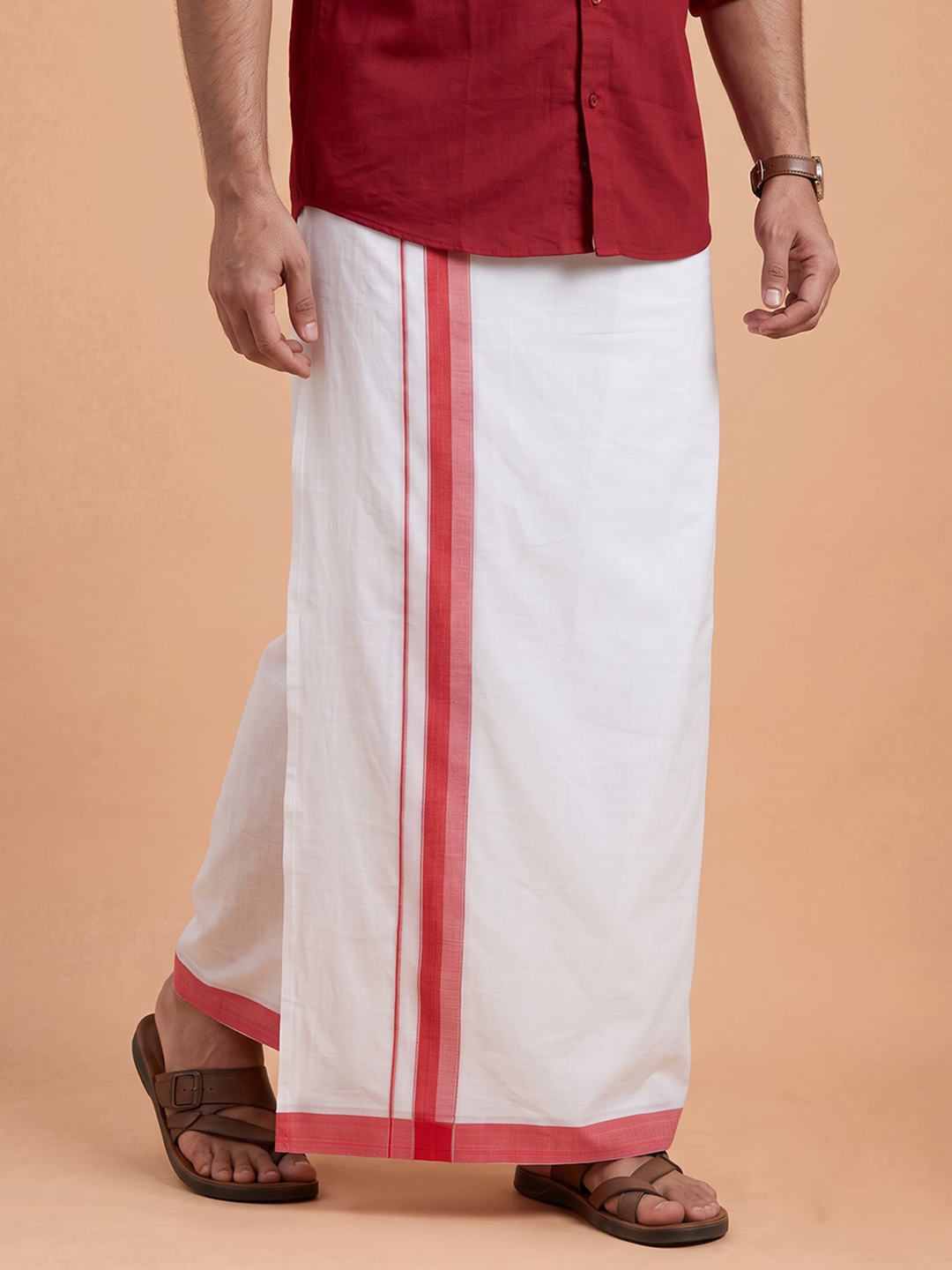 Double Layer 100% Cotton White Dhoti With Colour Jari Border - EJF33