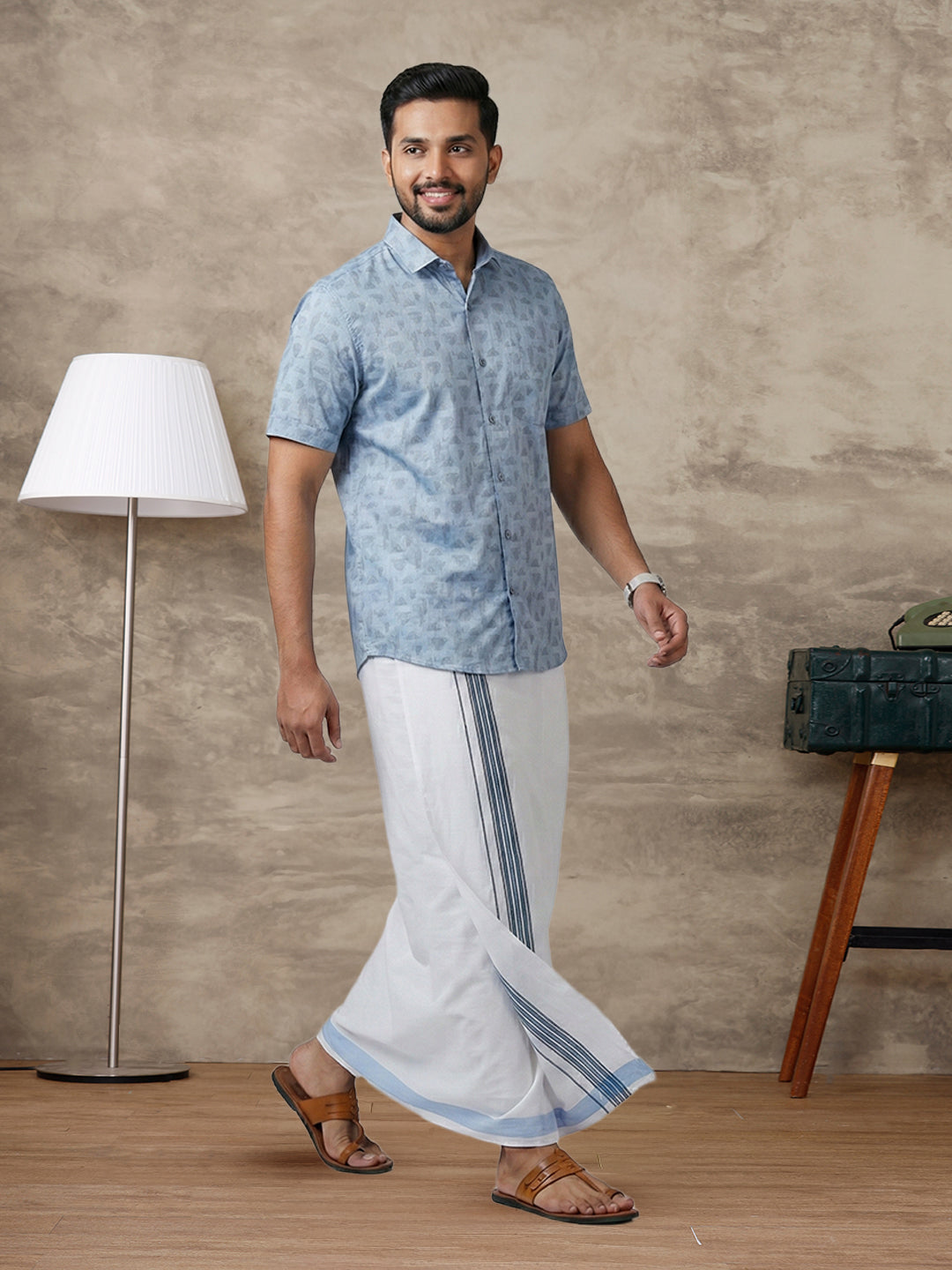 Like Father Like Son Matching Border Dhoti with Printed Shirt Combo Set Light Blue PS23