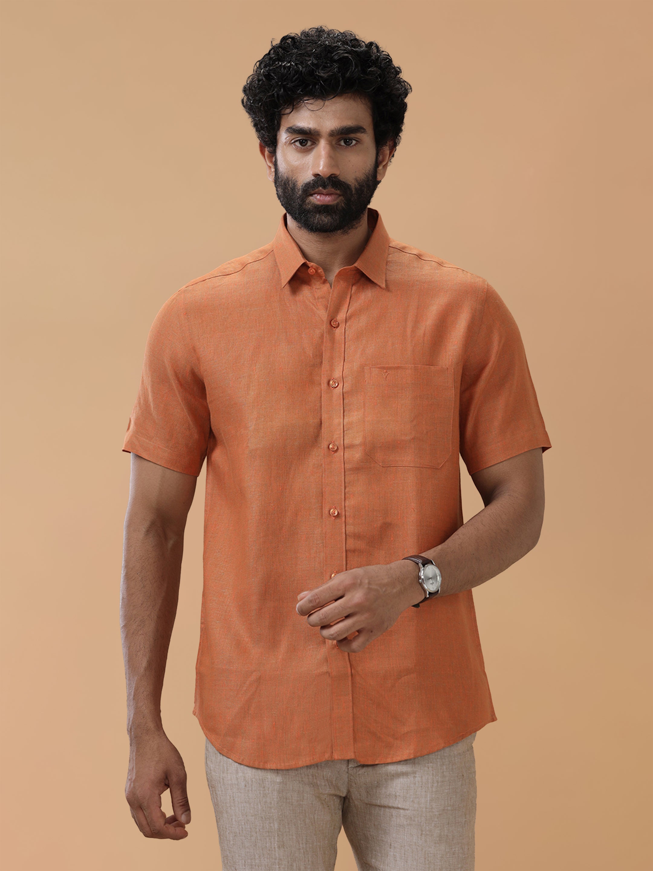 Pure Linen Vivid Orange Smart Fit Shirt L76