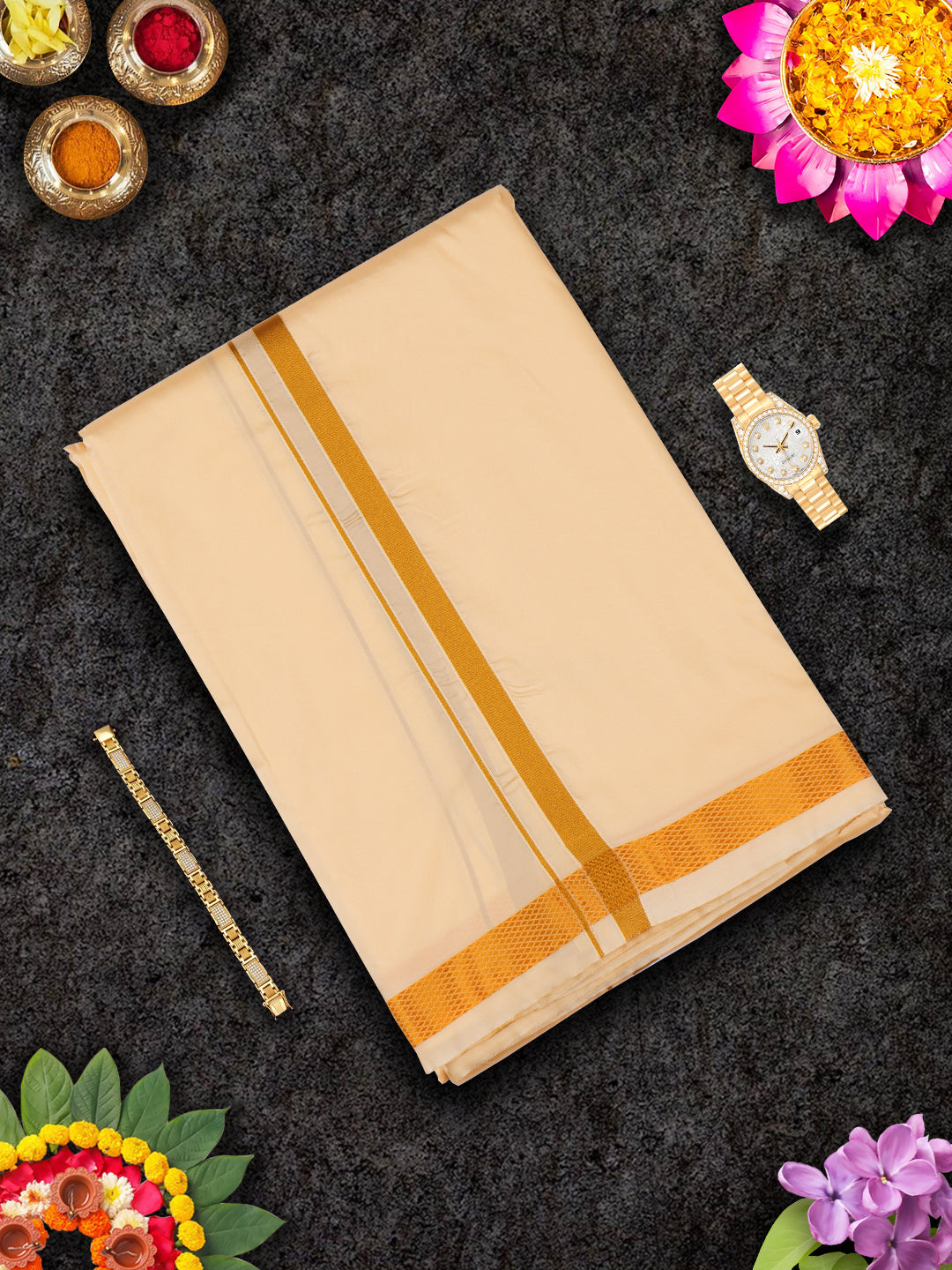 Mens Premium Art Silk Light Sandal Shirting & Gold Jari Border Panchakacham Set 9+5 Ashirwath-View one