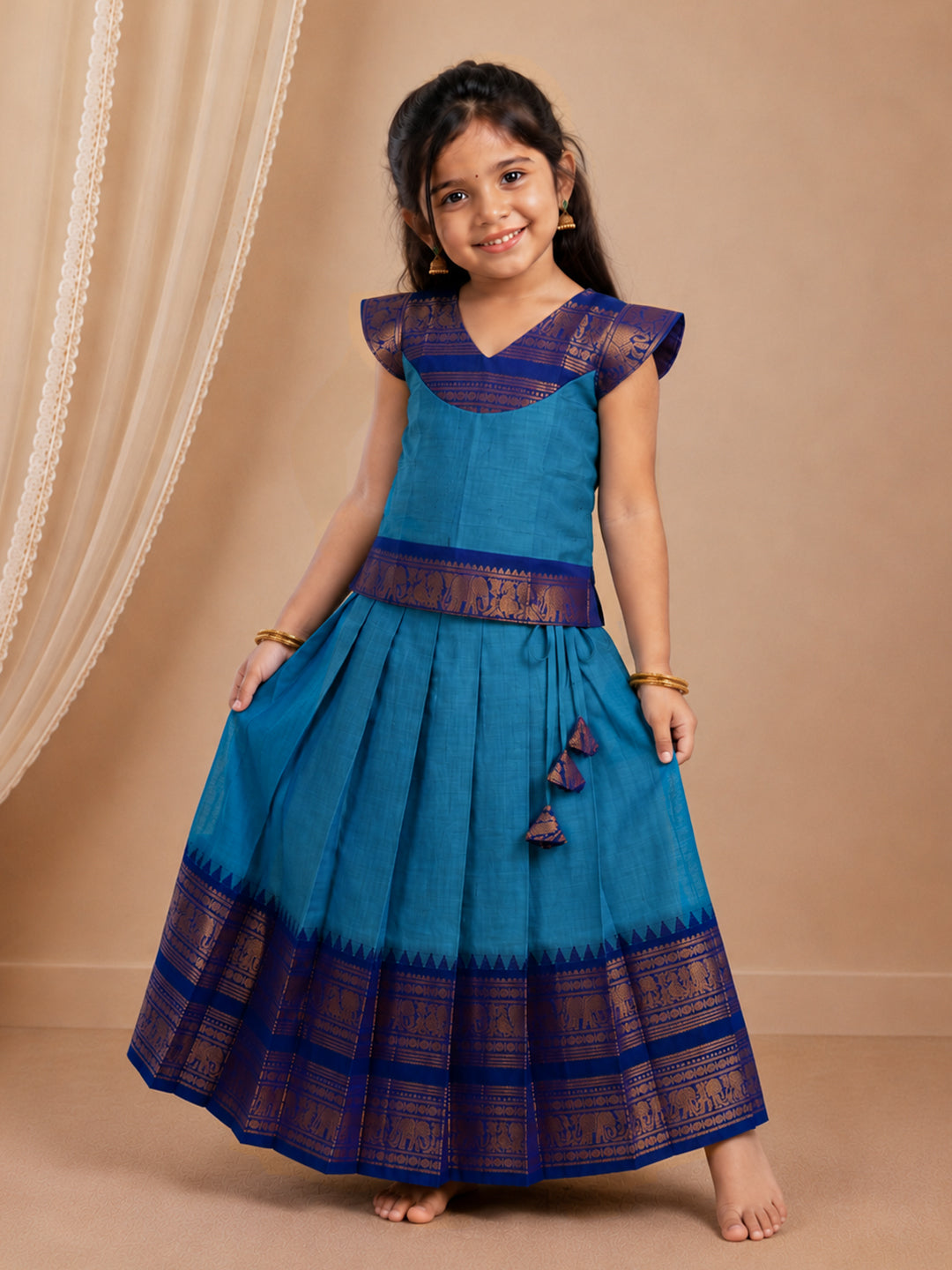 Girls Cotton Blue Pattu Pavadai Set GPS55
