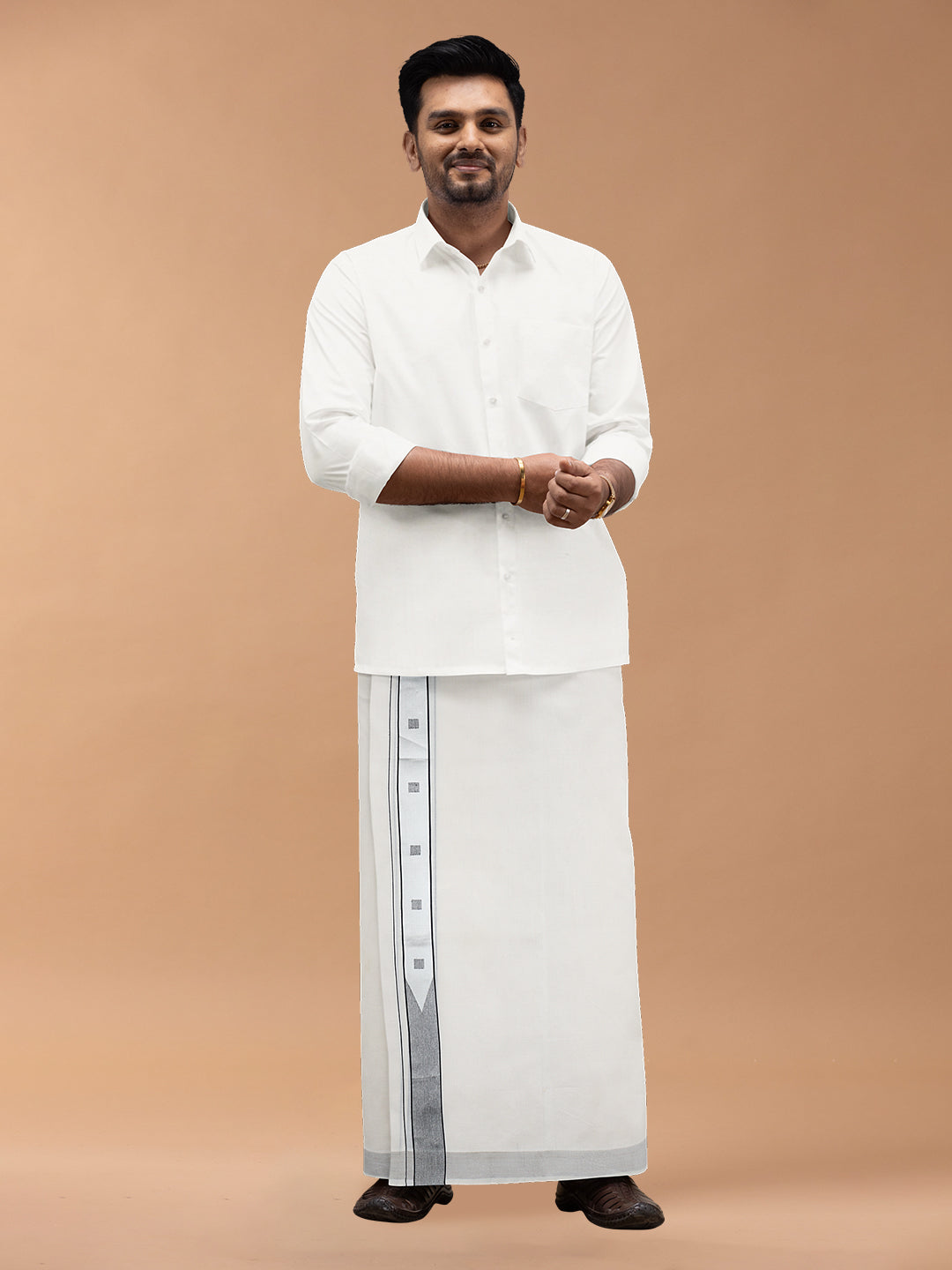 Mens Premium Handloom Dhoti Black with Silver Jari Border HLM05