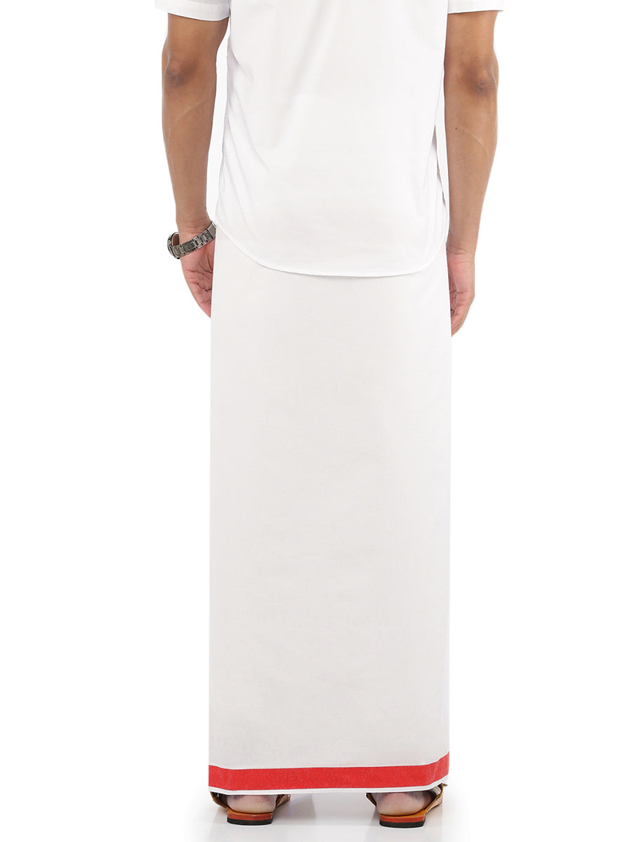 Mens 100% Cotton Double Dhoti White with Red Border Ozone Plain-Back view