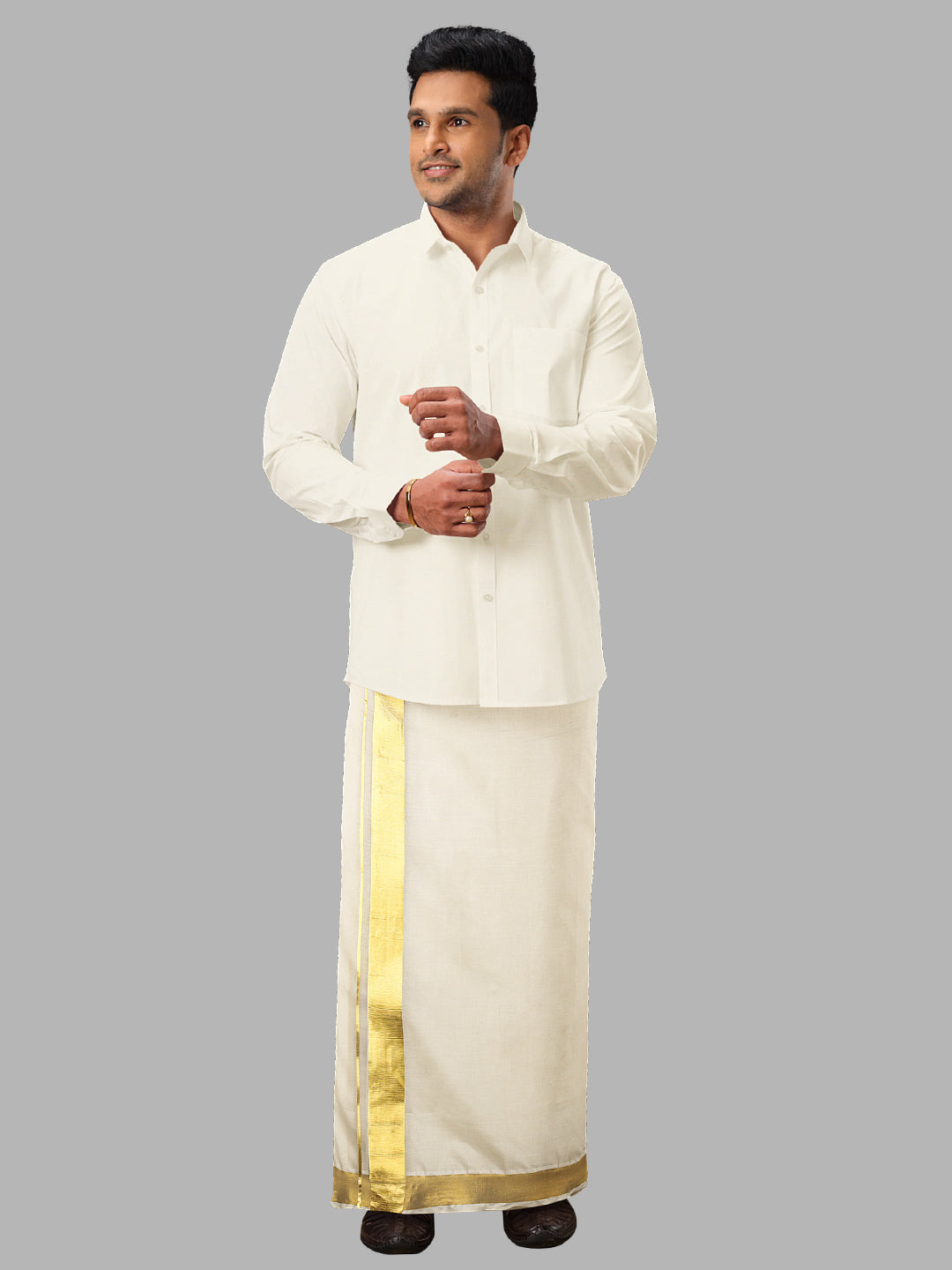 Men Cream with 2" Gold Jari Border Double Layer Kora Dhoti Woven Gold