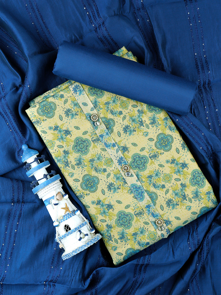 Women Green & Blue Flower Digital Print Unstitched Tissue Cotton Dress Material DM136