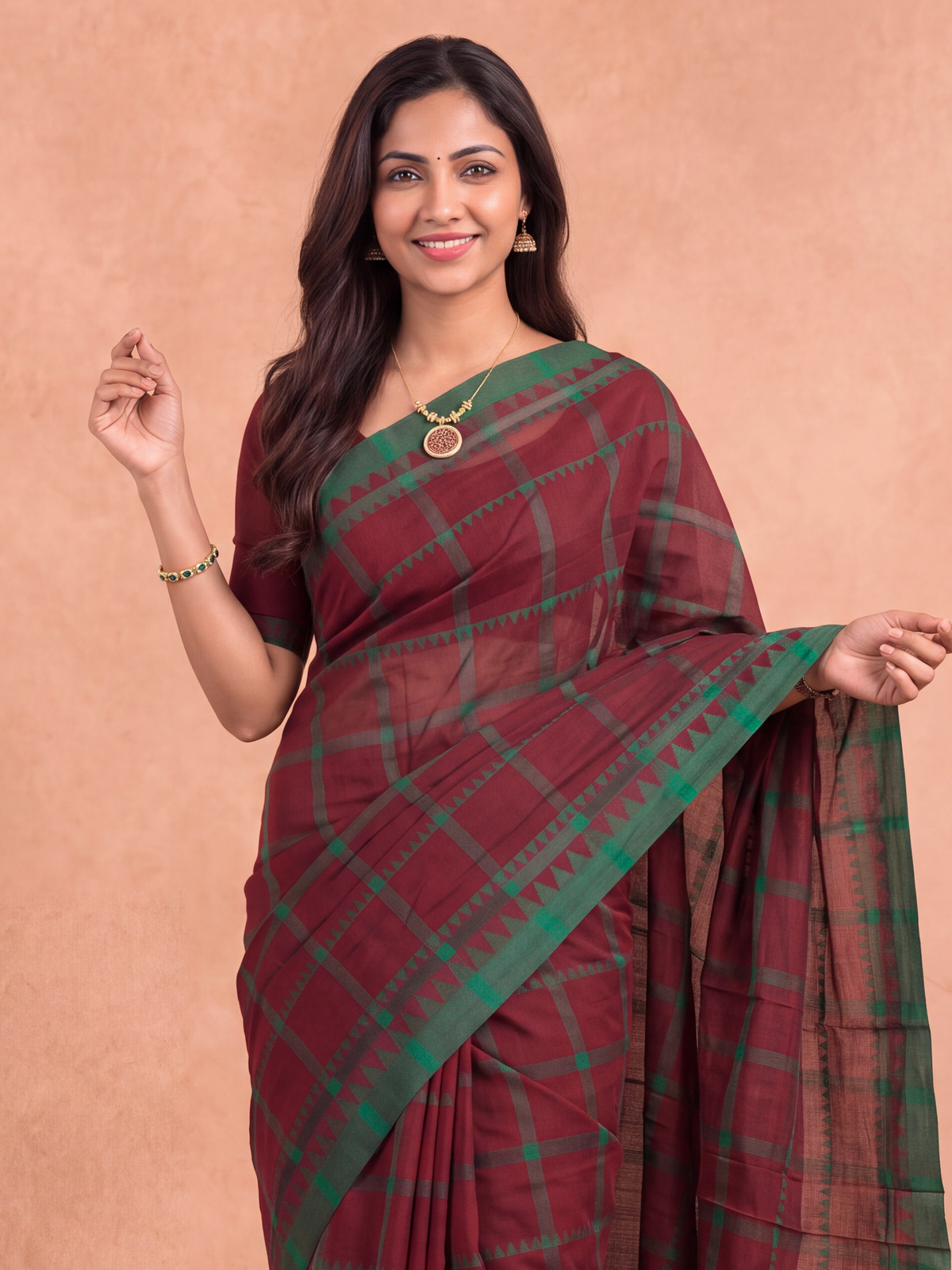 Women Chettinad Cotton Maroon with Green Saree CCS18