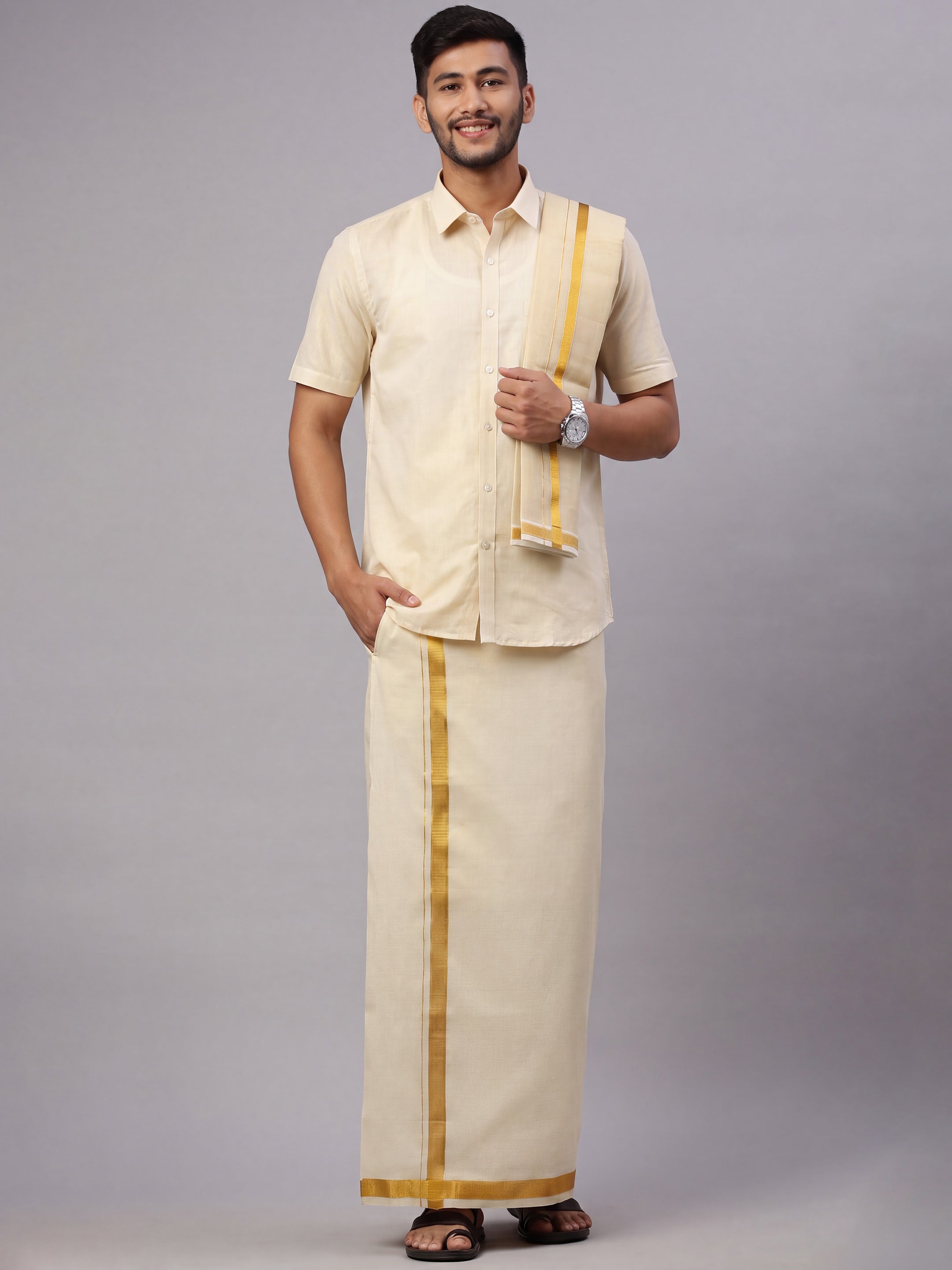 Tissue Gold Shirt Dhoti & Towel Set