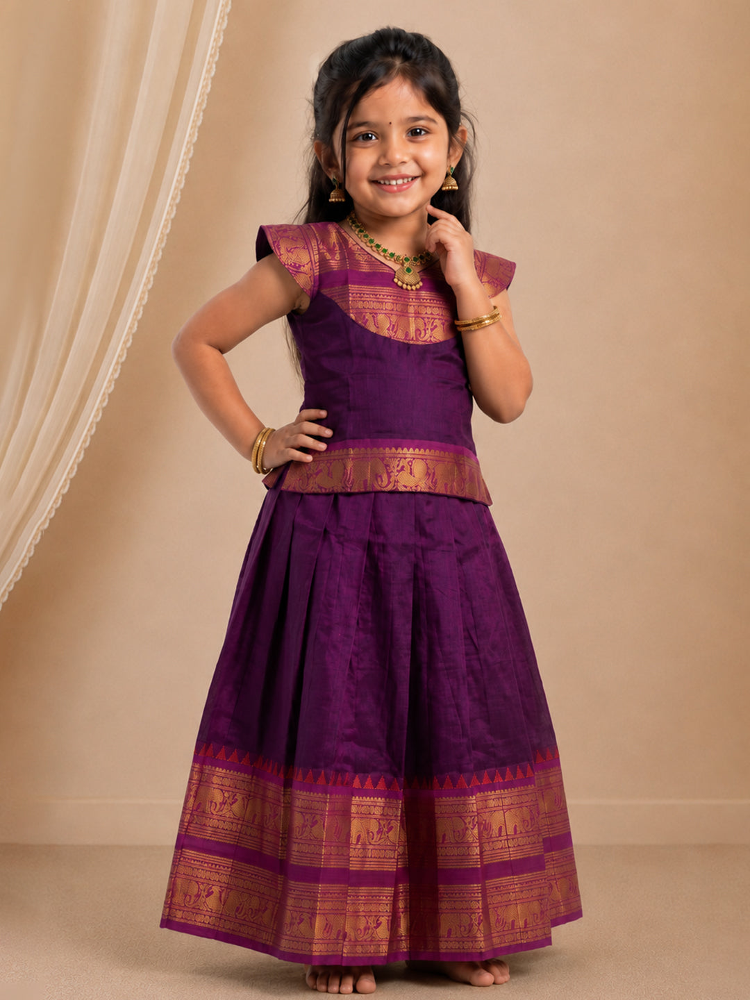Girls Cotton Dark Purple Pavadai Set GPS57
