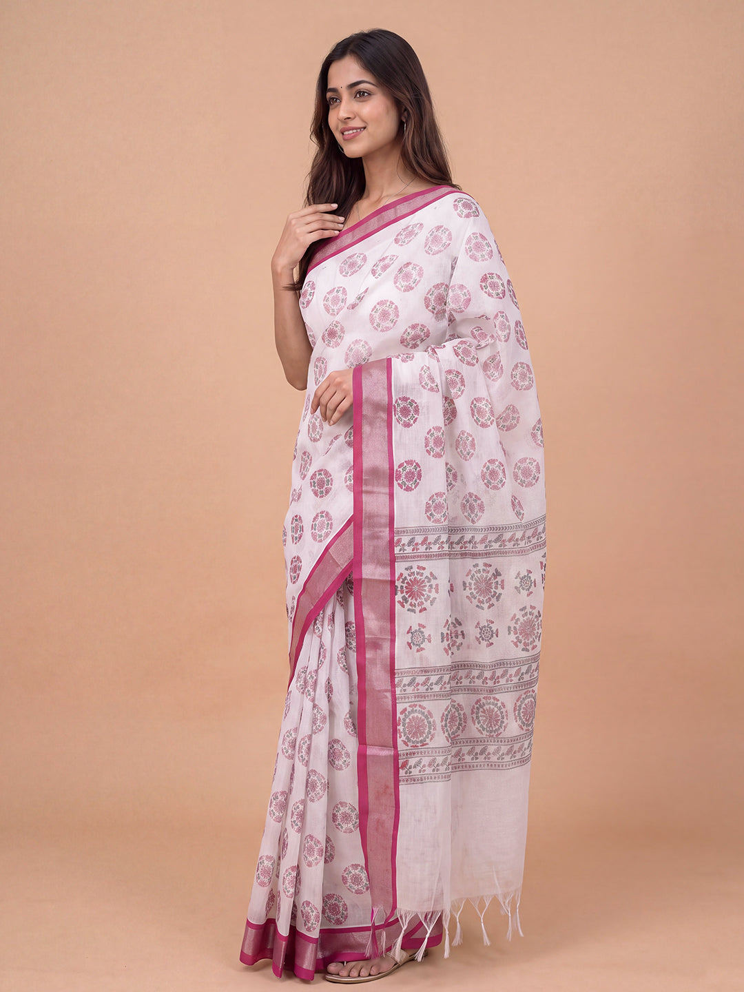 Women Semi Linen White with Purple Printed Saree SL264