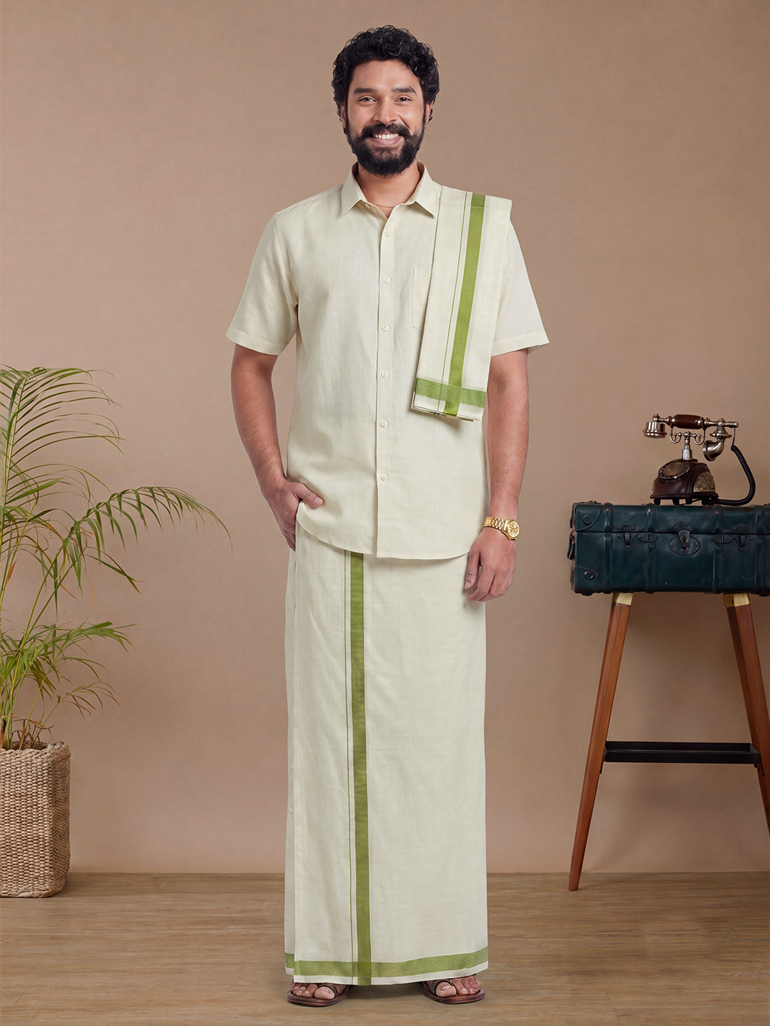 Tissue Moss Green Shirt Dhoti & Towel Set