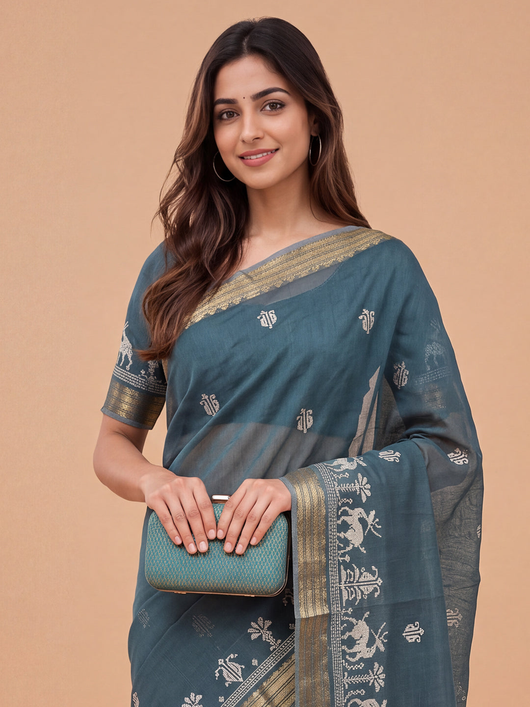 Women Semi Linen Peacock Blue Embroidered Saree SL274
