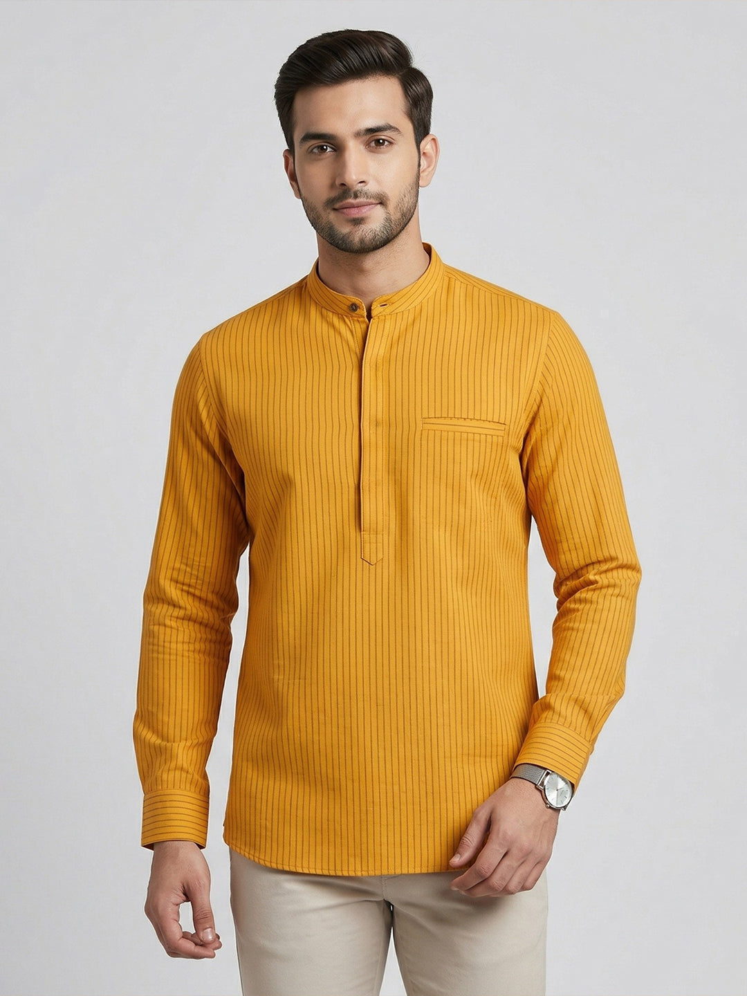 Men Cotton Short Length Self Design with Stripes Pocket Kurta Orange Saffron Y29