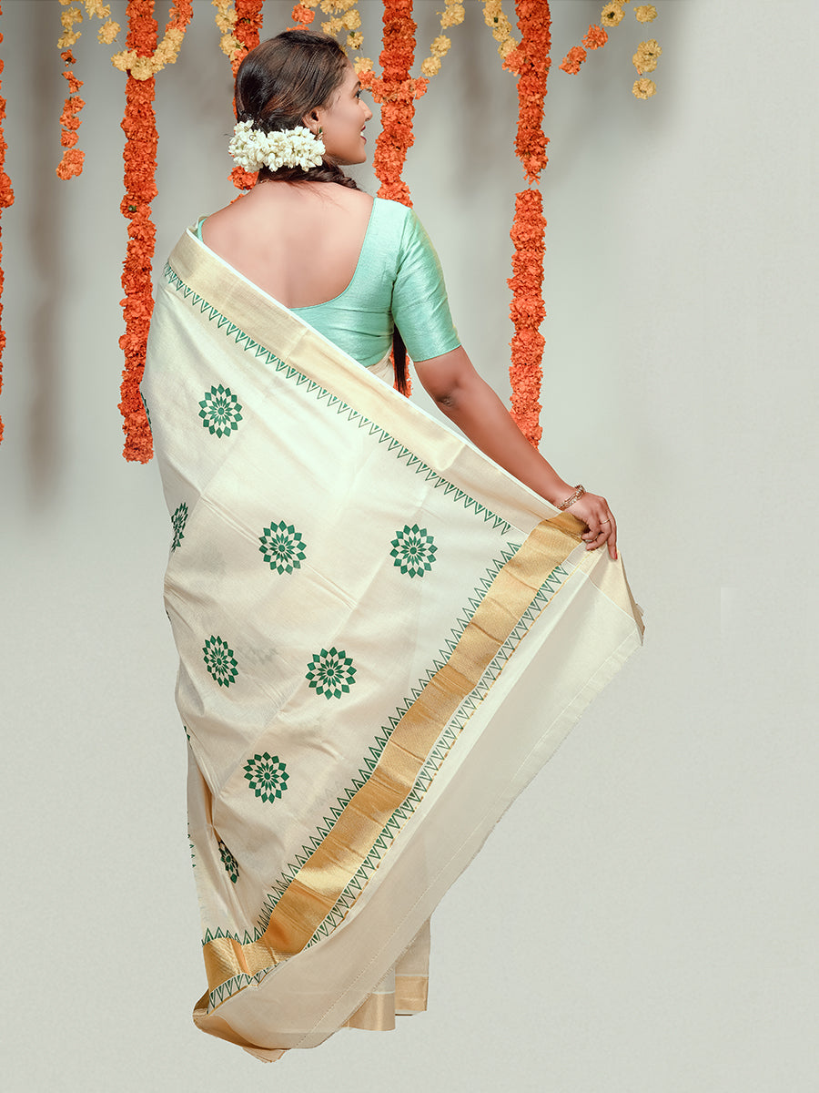 Womens Kerala Tissue Flower Printed Gold Jari & Green Border Saree OKS18