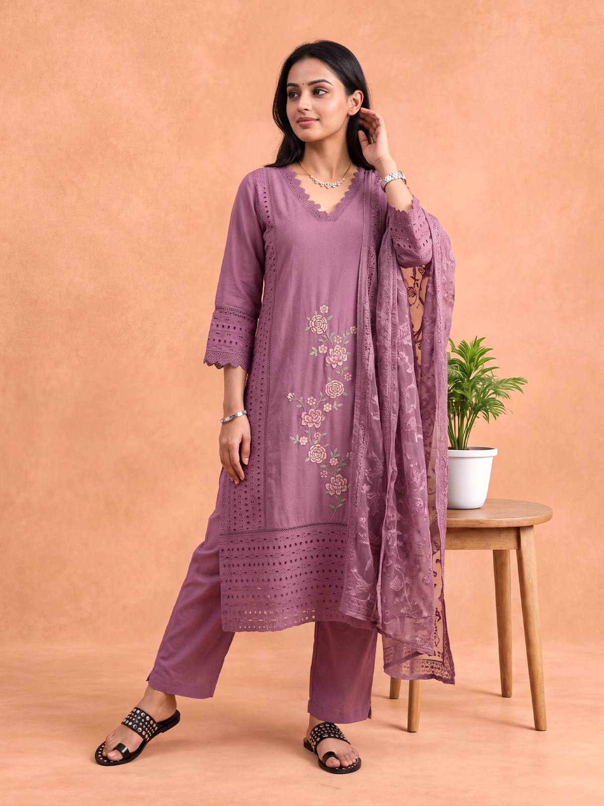 Women Embroidered Purple Kurti Set EKS153